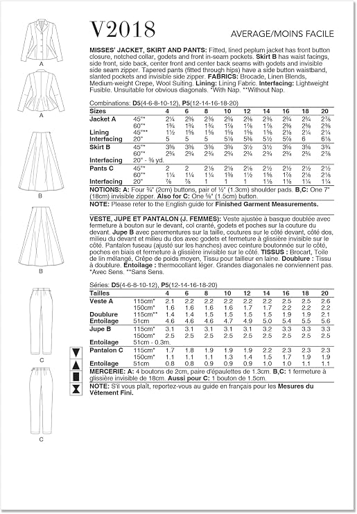 Vogue V2018P5 Misses' Fitted Lined Peplum Jacket, Skirt and Tapered Pants Sewing Pattern Packet, Design Code V2018 Sizes 12-14-16-18-20 Multicolor
