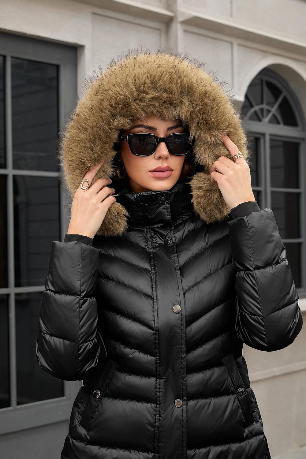 PAPILLON D'OR WEAR YOUR WINGS Women's Shiny Puffer Coat with Detachable Faux Fur Collar & Hood Winter Jacket - Image 6