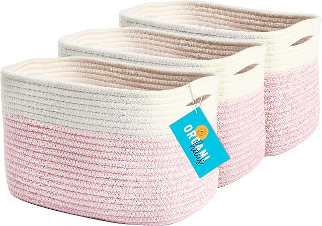 OrganiHaus Pack of 3 Pink Nursery Storage Baskets for Shelves | Closet Storage | Bathroom Storage Baskets | Small Jute Baskets for Storage | Rope Woven Storage Basket | Clothes Storage Boxes
