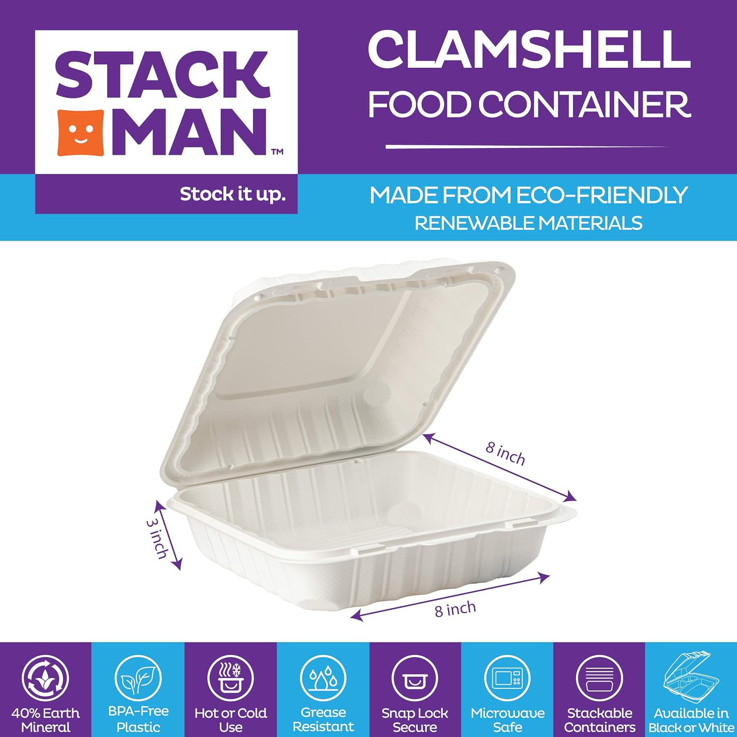 Eco-Friendly Meal Prep Containers [50-Pack 8x8x3"] Disposable to go Clamshell Food Containers Secure Snap Hinged Lid 1-Compartment,