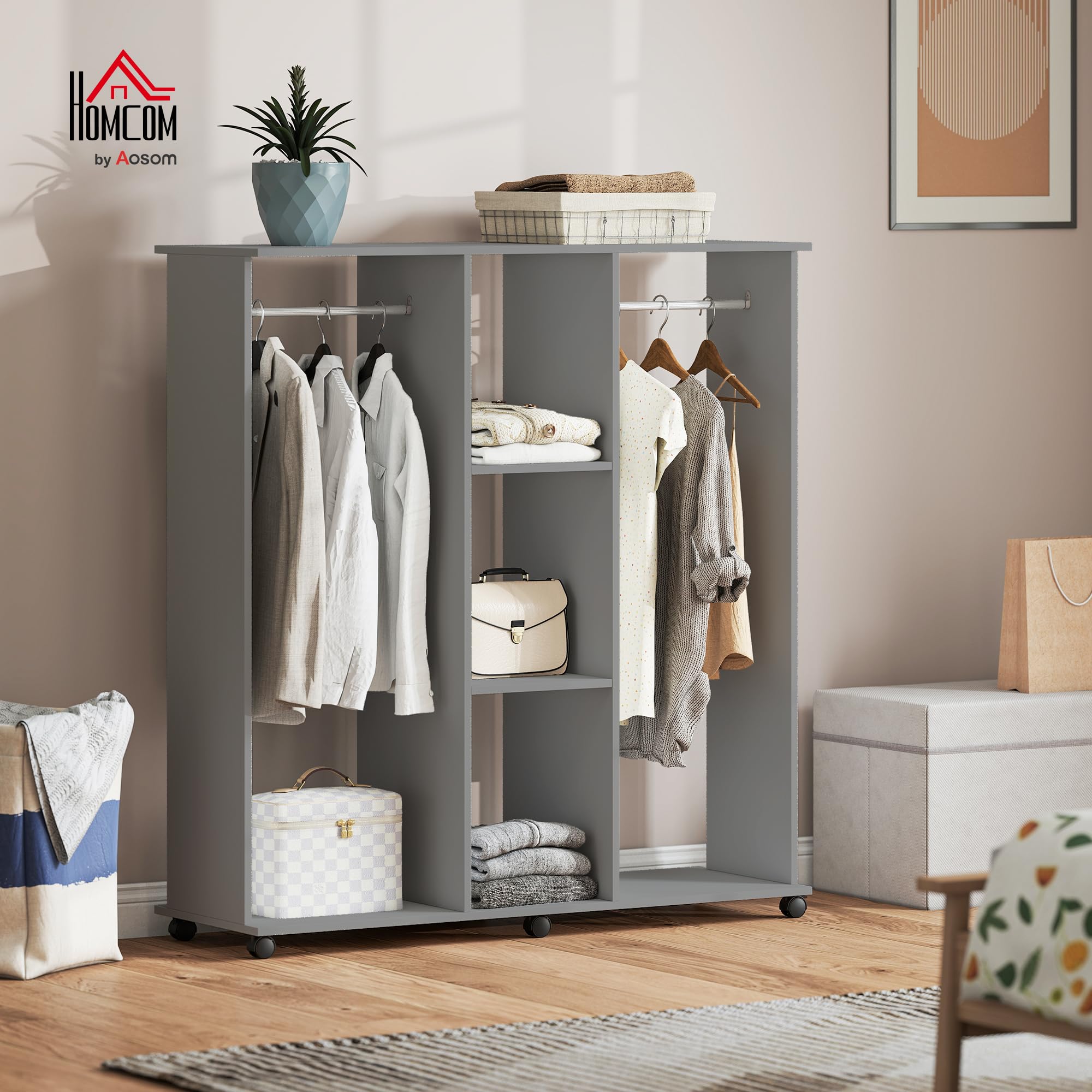 HOMCOM Armoire Penderie Meuble de Rangement Mobile 6 roulettes 120L x 40l x 128H cm en Bois Gris