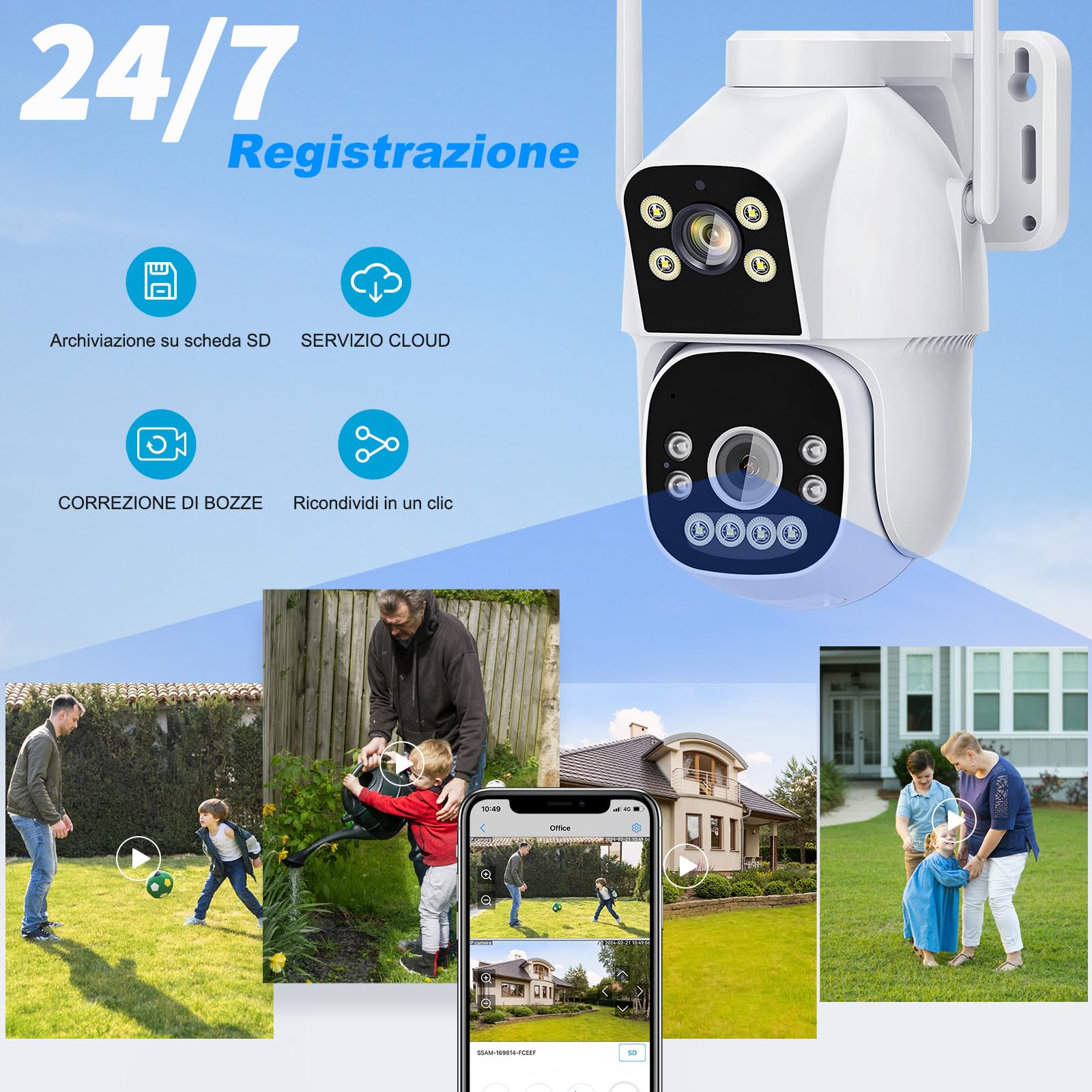 2MP+2MP Telecamera Wi-Fi Esterno, 2.4GHZ/5GHZ PTZ Videocamera Sorveglianza Esterno con Doppia Lente,FHD Tracciamento Automatico, Visione Notturna a Colori, Audio Bidirezionale, IP66 (HD)