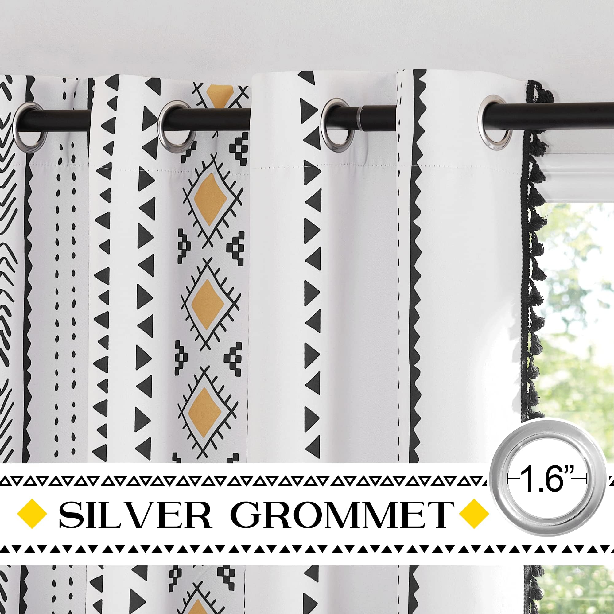 NICETOWN Rideaux occultants en macramé bohème blanc de 213,4 cm de long, 2 panneaux, rideaux à œillets décoratifs jaunes et noirs pour salon, chambre à coucher, 132,1 x 213,4 cm (l x L)