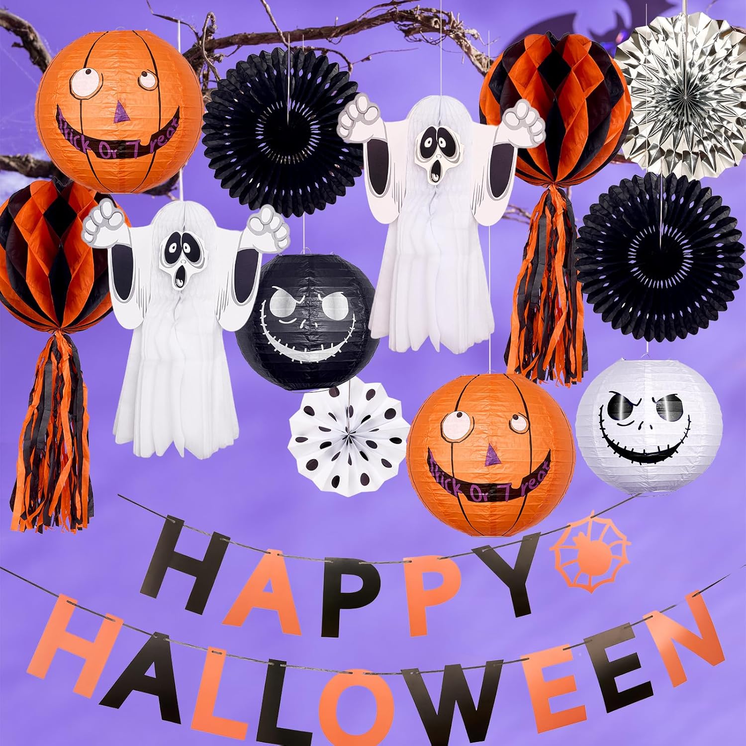 1LB Halloween Metallic Black Orange Crinkle Cut Paper & 13Pcs Halloween Hanging Decoration Paper Lantern Set