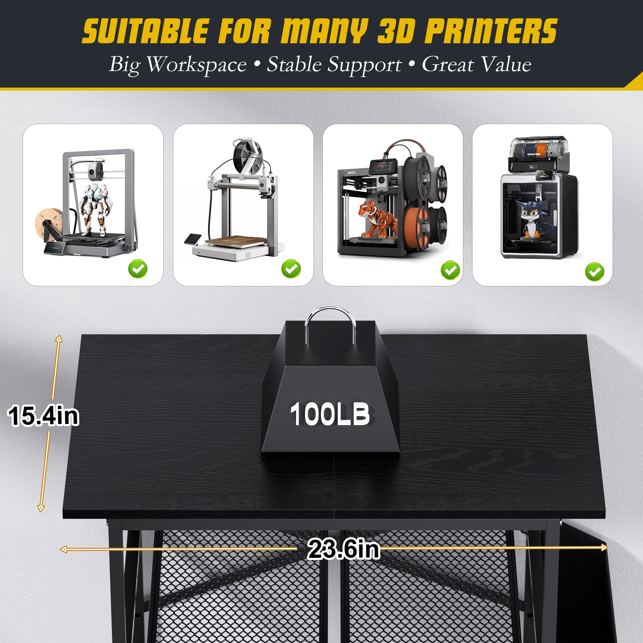 3 Niveaux Support Imprimante 3D, Meuble Imprimante avec bac de Rangement pour Fil et Poche Latérale, Support de Rangement pour Imprimante à Fixation Murale pour Bureau (Negro)