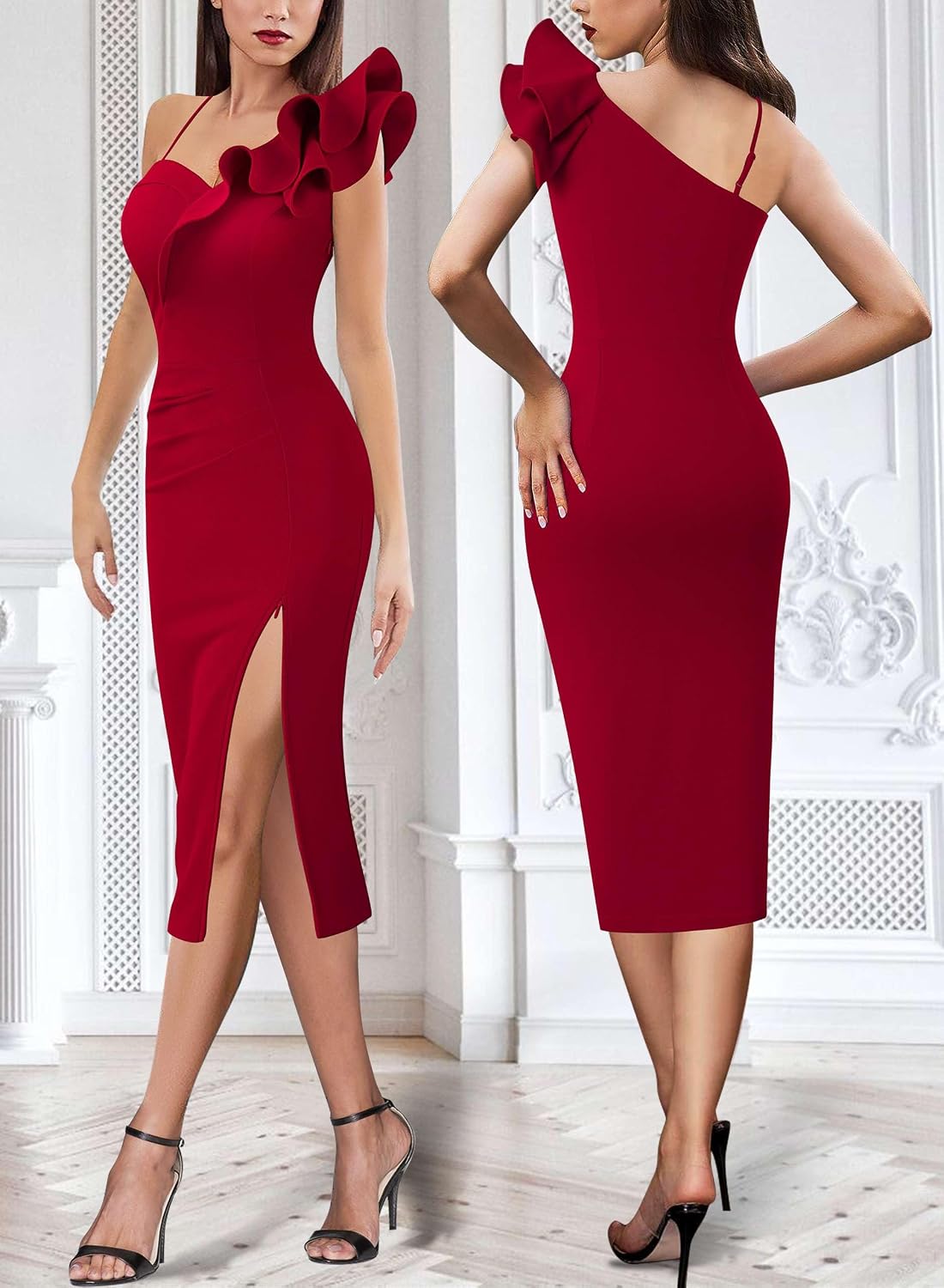 VFSHOW Women Ruffle One Shoulder Strap Ruched Cocktail High Slit Bodycon Dress Sexy Sweetheart Neck Short Wedding Guest Dress