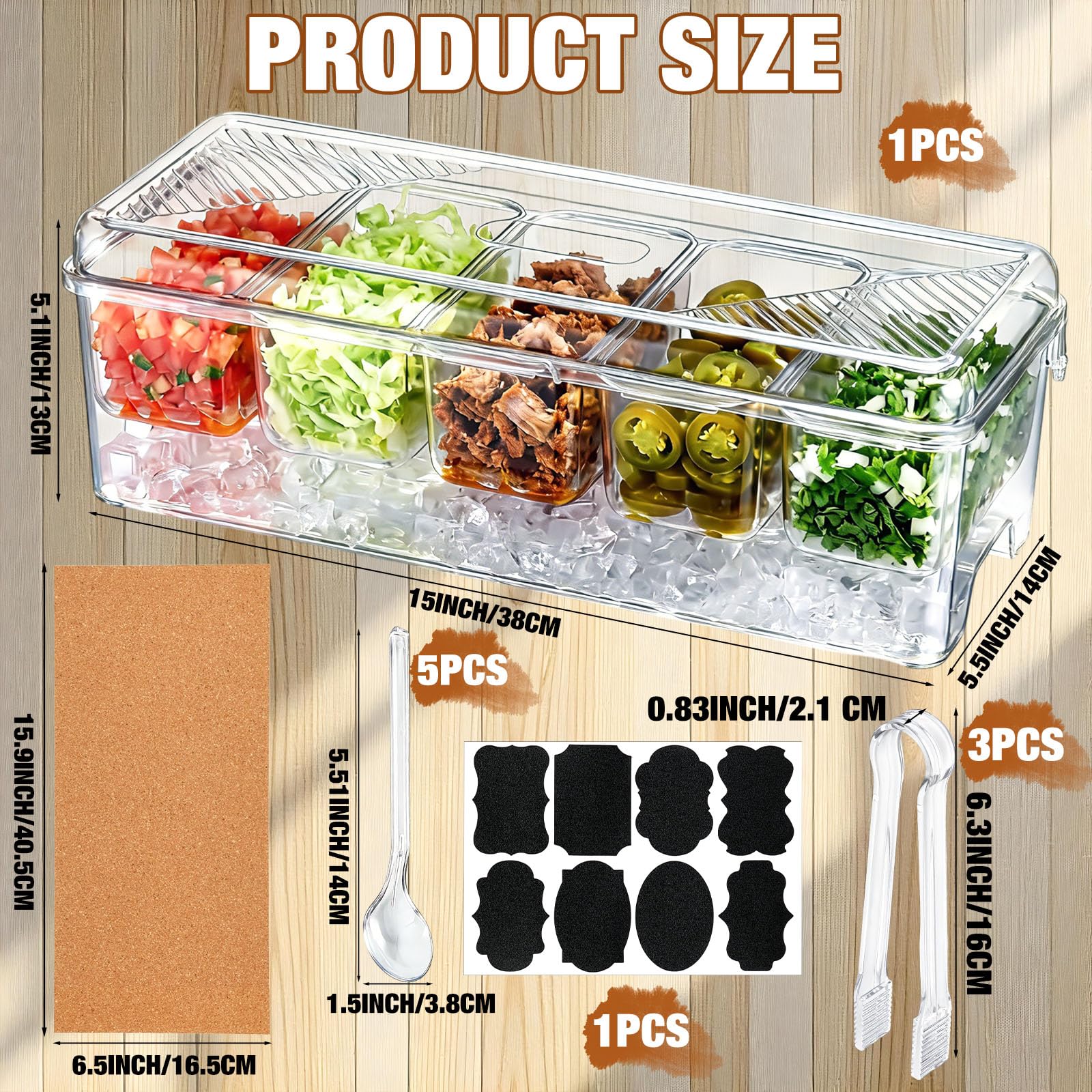 Sieral Set di 11 contenitori trasparenti per condimenti refrigerati con coperchio, tra cui 1 tampone in sughero, 5 cucchiai, 3 clip e adesivi per bar, frutta, insalata, taco e decorazioni per feste