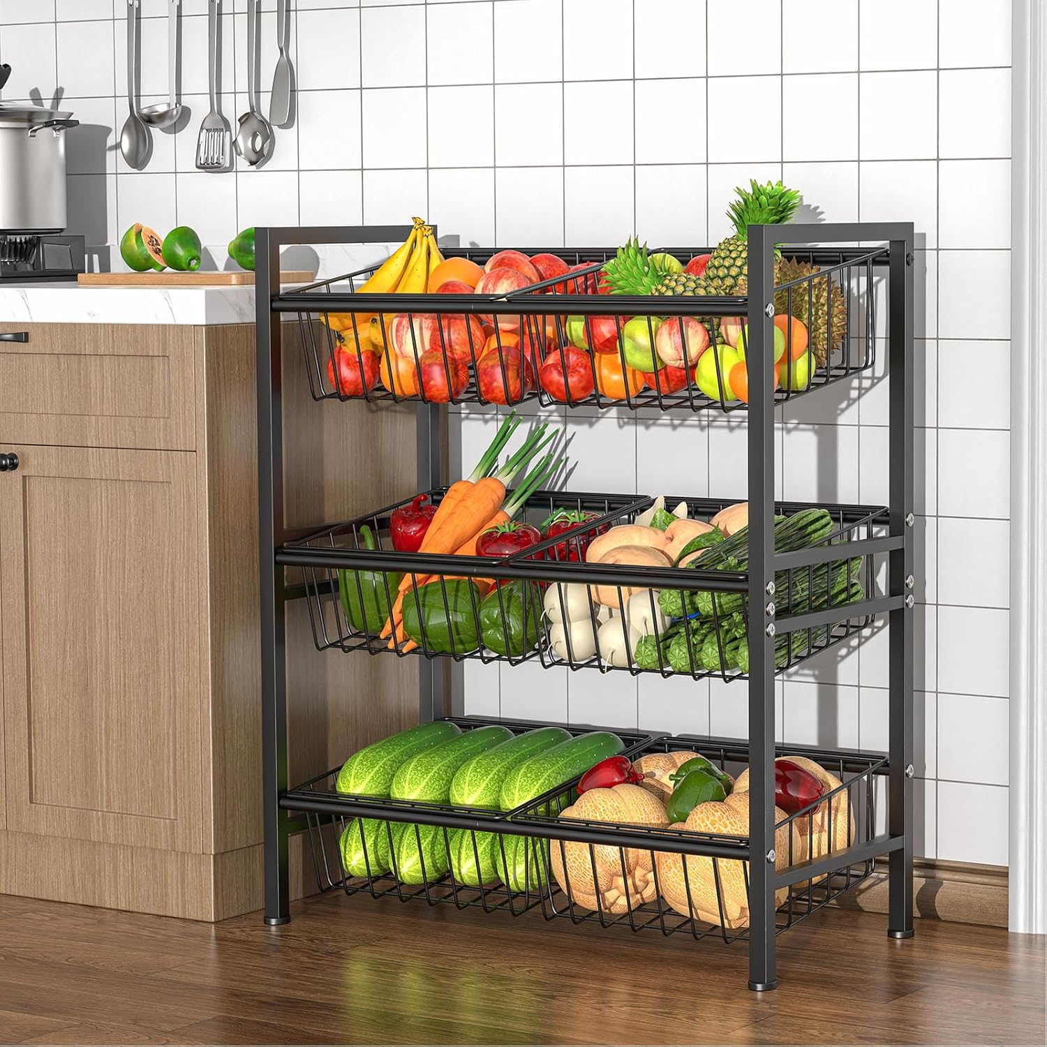 Kitchen Storage Shelf with Baskets, Snack Storage Shelf, 27.1''W / 12.2''D / 32.3''H 3 Tier Fruit Basket Stand, Metal, Black