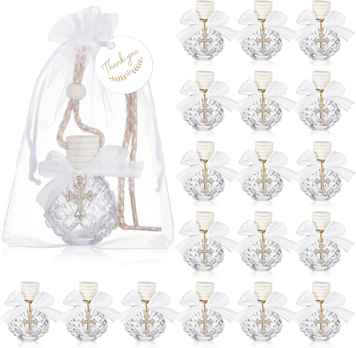 Chunful 20 Set Holy Water Bottles Baptism Party Favor with Cross Plastic Drip Tube Cork Stopper String and Bags for Christian Church Baptism First Communion Jerusalem Wedding
