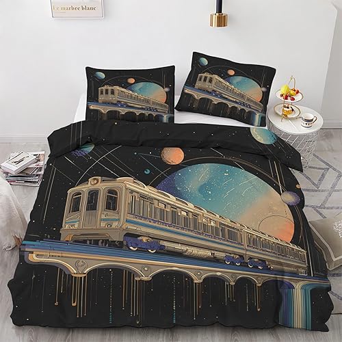 Cyber Retro Train Duvet Cover King Size, Cosmic Planet Bedding Set 3 Piece Bedroom Decor & Gift, Interstellar Train Comforter Cover, 2 Pillow Shams,