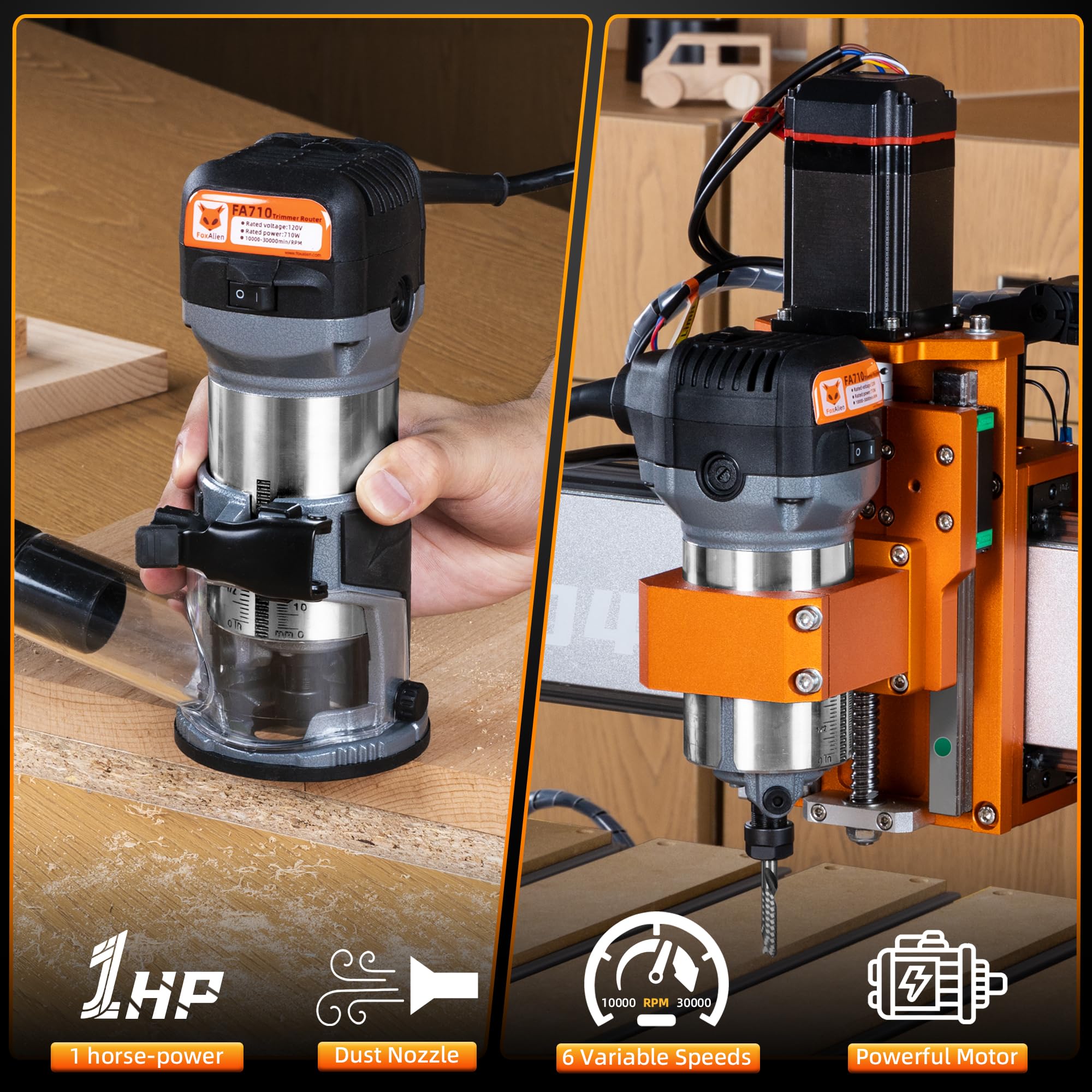 FoxAlien 1 HP 710 W 65 mm de diámetro compacto router de palma para fresadora CNC, 6 velocidades variables Max 30000 R/MIN recortadora de madera con colección de 1/4 pulgadas