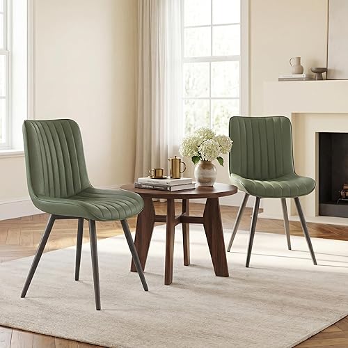 Juego de 2 sillas de comedor de piel sintética modernas de mediados de siglo, tapizadas de color verde oliva, sillas de comedor con respaldo sin
