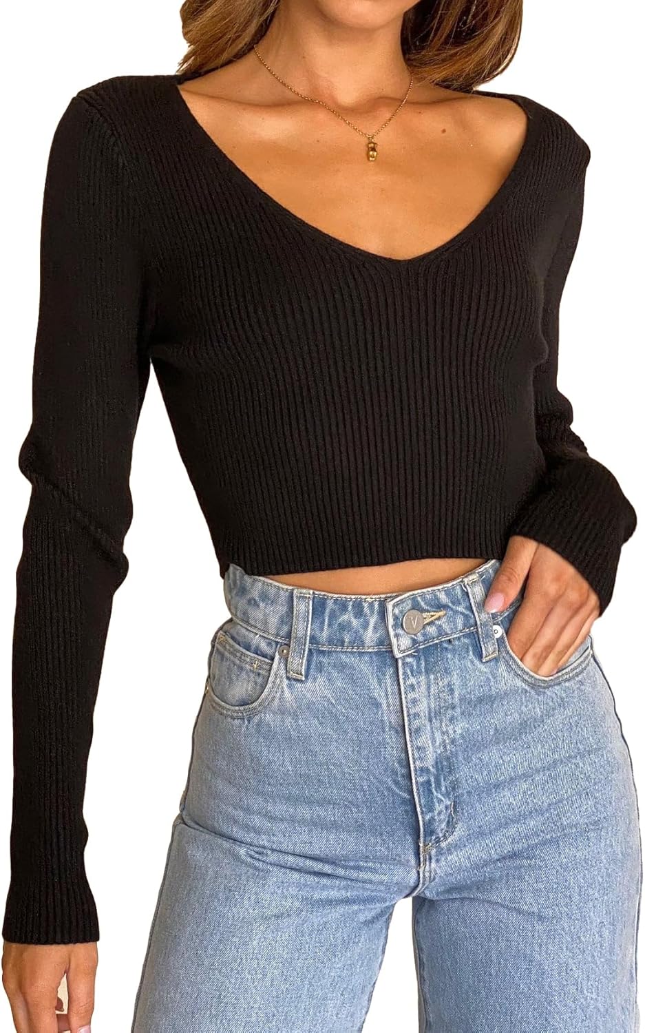 Ezbelle Women's V Neck Sweater Long Sleeve Crop Tops Sexy Ribbed Knit Pullover Shirt Trendy Blouse Fall Top - Image 2