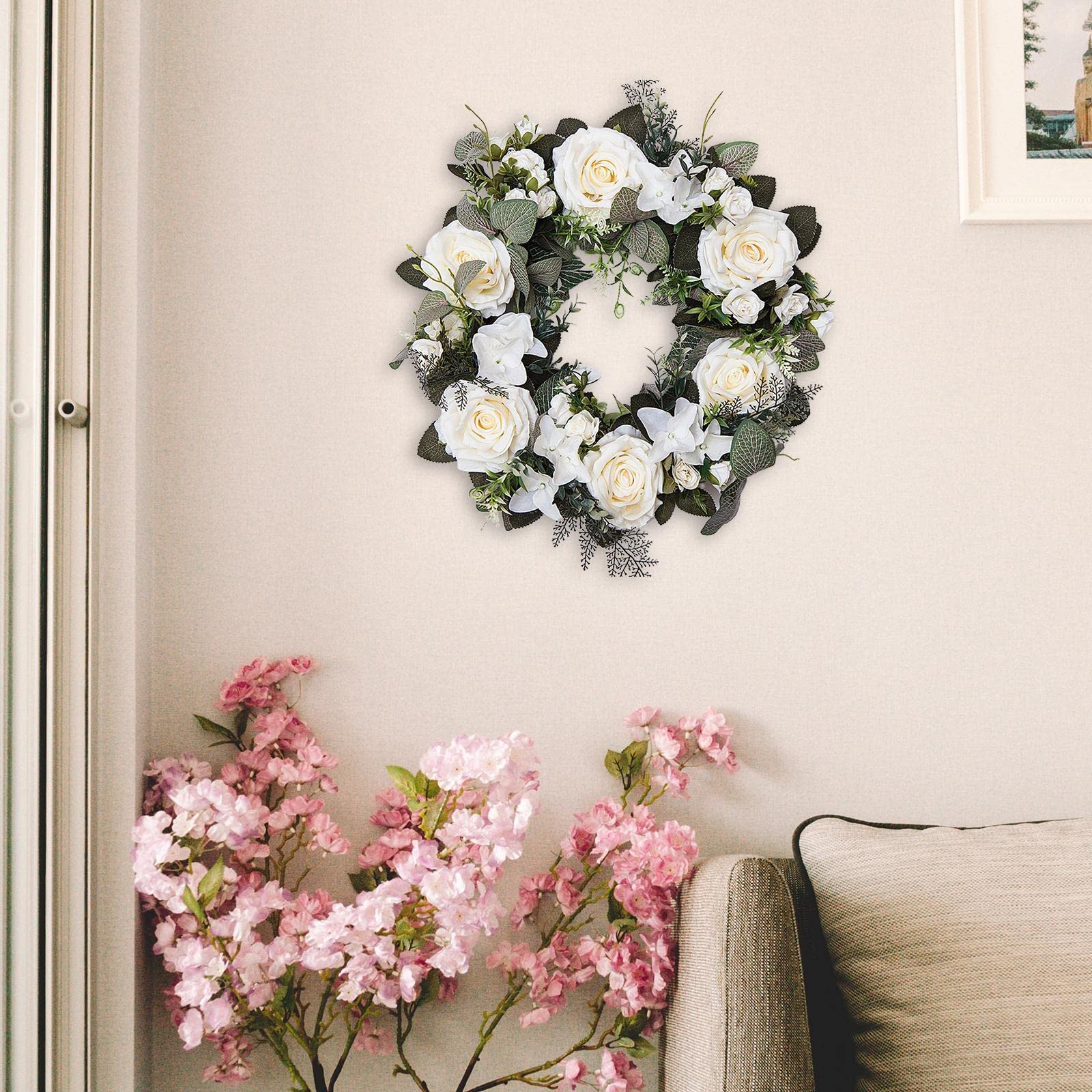 predolo 45 cm Künstlicher Blumenkranz für die Tür, Künstliche Rose Kranz für Haustür, Realistischer Blumen Türkranz Seidenblume Saisonale Kränze - Schöne Dekoration für Hochzeiten und Feste, Weiß