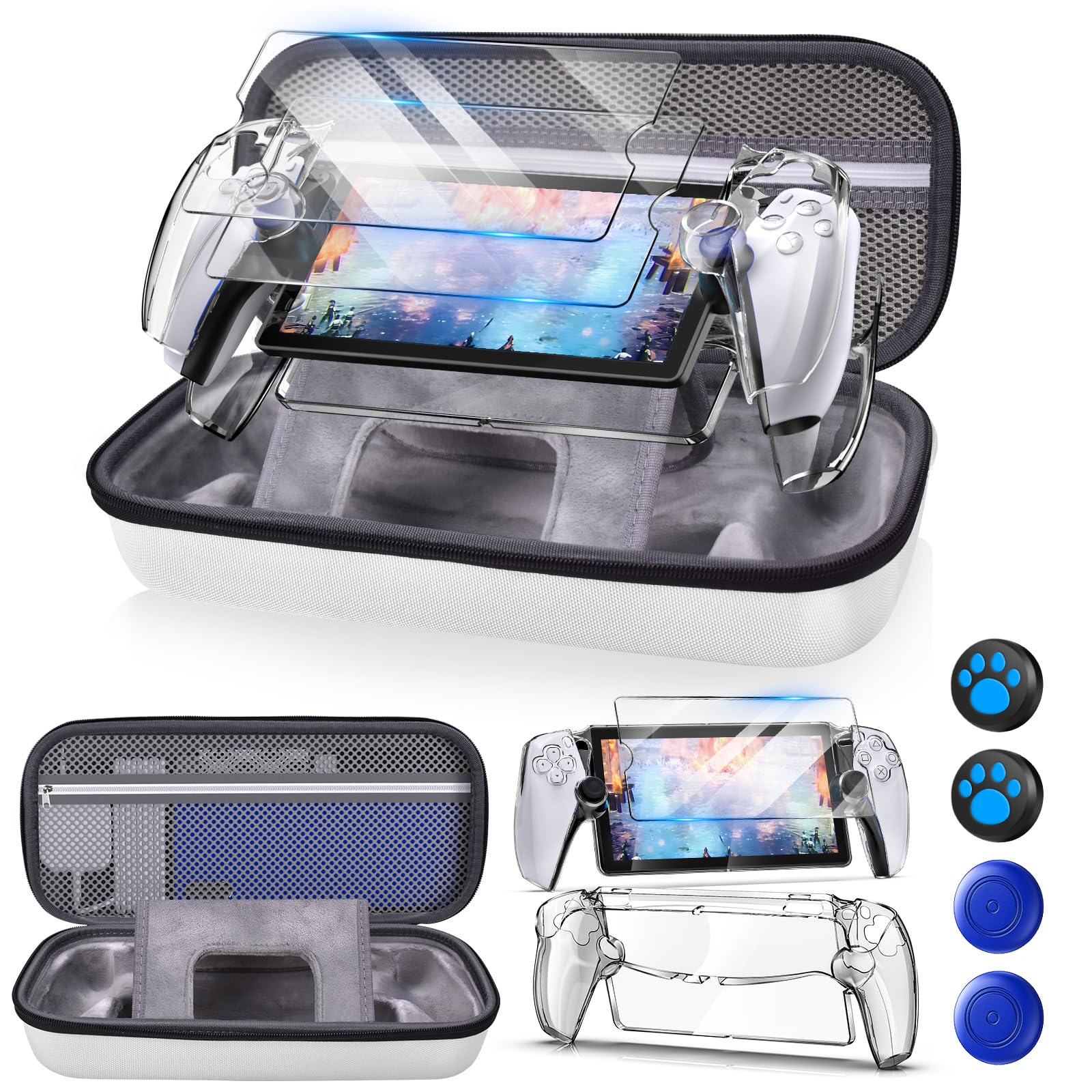 Auarte 12 in 1 Accessories Set for Playstation Portal Remote Player, Hard Carrying Case for PS Portal with Clear Skin Case for PS5 Portal, 2 Screen Protector with 4 Thumb Grip, Pearl White
