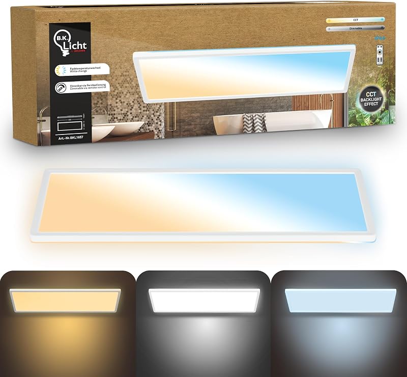 B.K.Licht - LED Deckenlampe, Flach, Dimmbar, Indirektes Licht, CCT warmweiĂź bis tageslichtweiĂź, IP44, Panel, Deckenleuchte, Kinderzimmer, Badezimmer Lampe, KĂĽchenlampe, 58x20x3 cm, WeiĂź