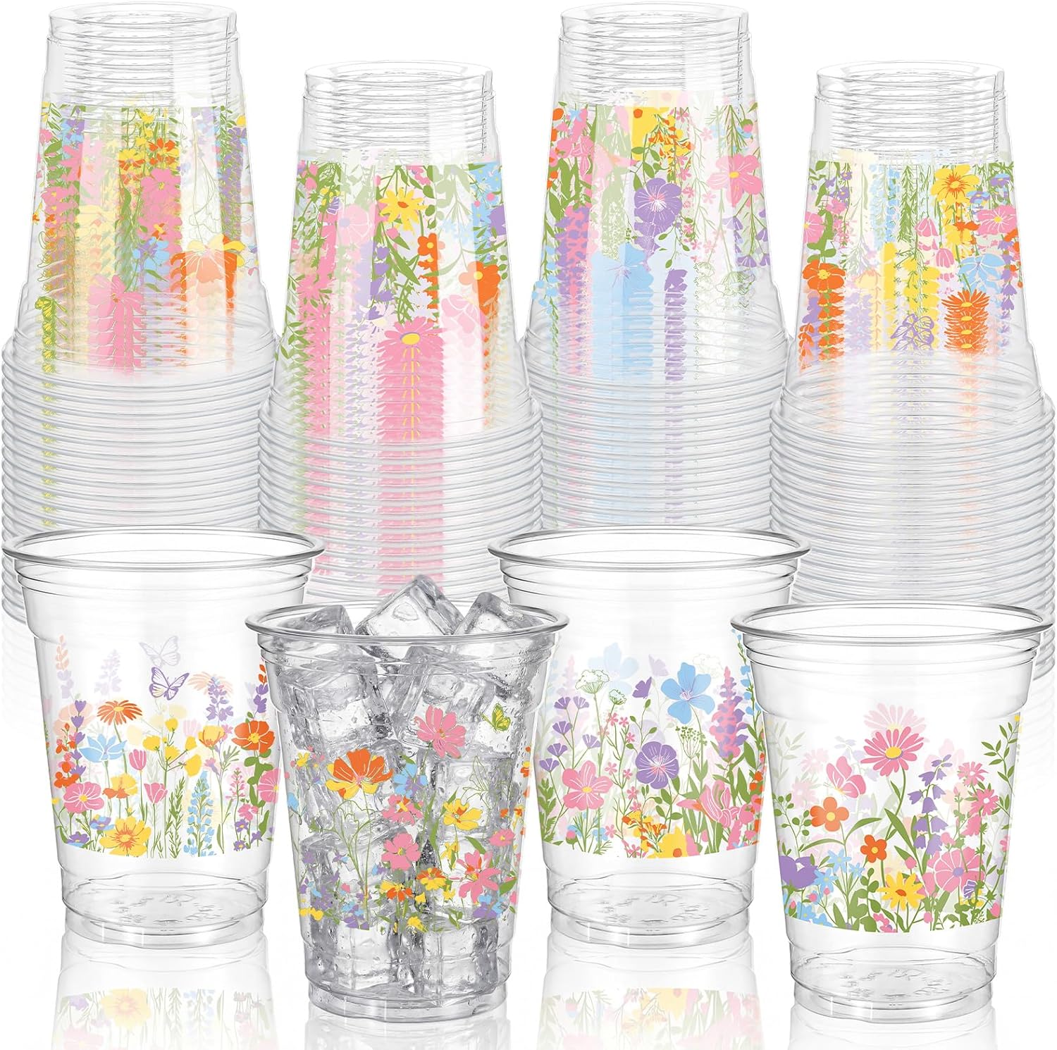 100 Pcs Wildflower Plastic Cups Bulk 12 oz Floral Cups Wildflowers Disposable Clear Plastic Drinking Cup for Spring Summer Floral Themed Birthday Wedding Bridal Shower Party Supplies