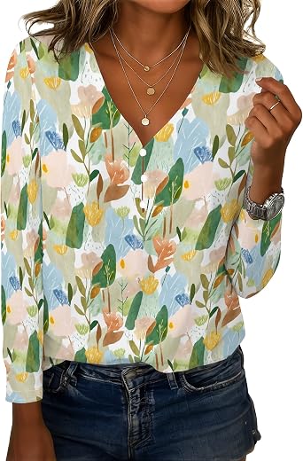 Long Sleeve Shirts for Women Dressy Boho Floral Printed Casual Tunic Tops Button Up V Neck Fashion Trendy Top 2025