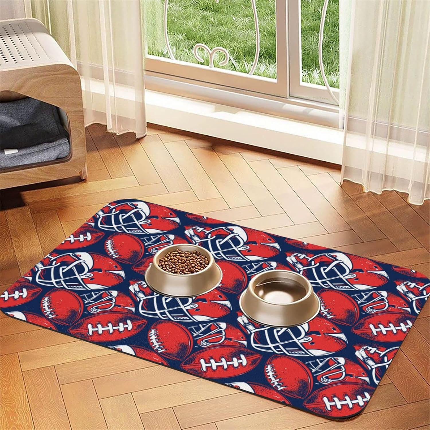 Football American Dog Food Mat, Leather Pet Feeding Mat, Cat Mat for Food, Absorbent Pet Placemat for Indoor Outdoor Water Bowl 40x60cm