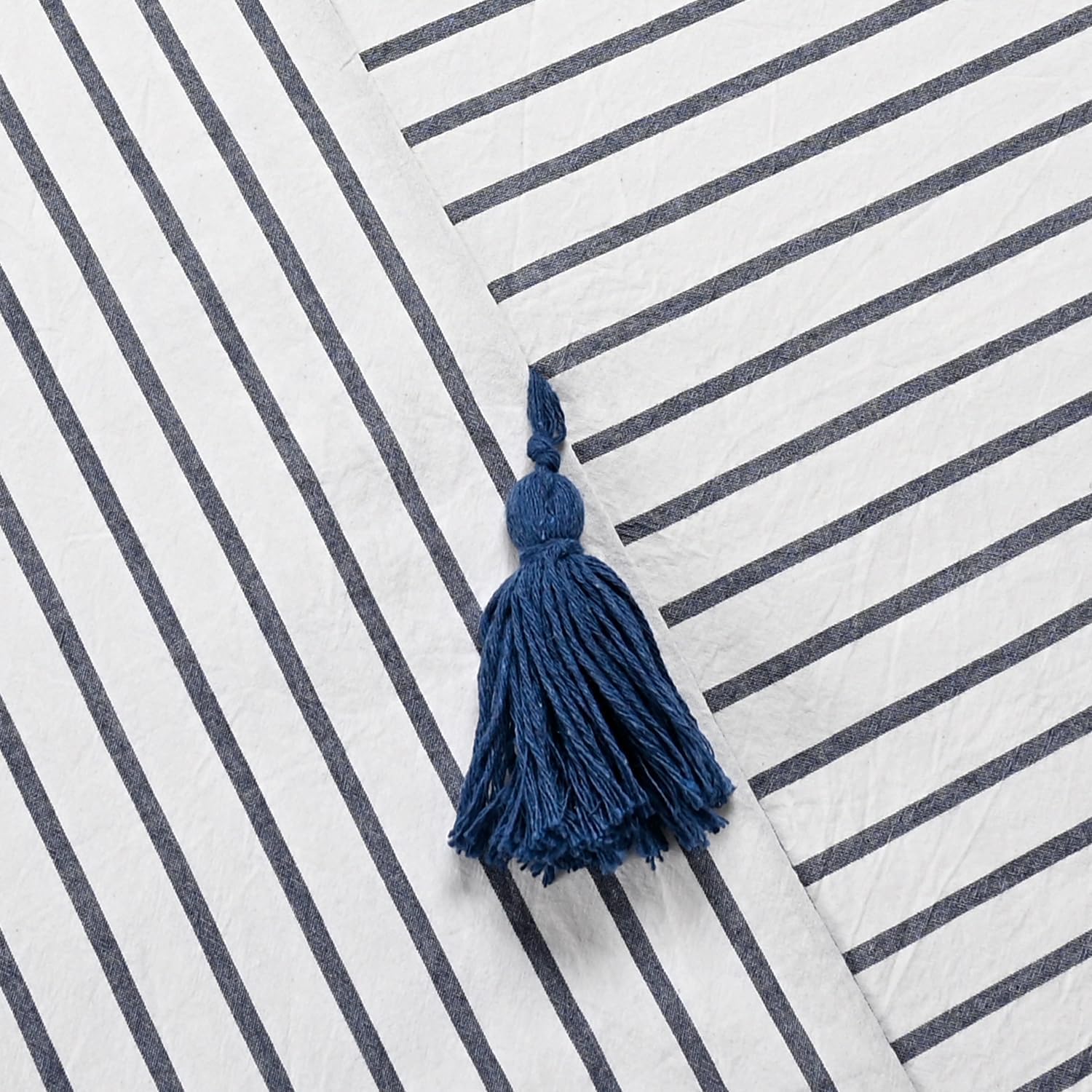 DOSLY IDÉES Blue and Beige Stripe Patchwork Cotton Tassel Shower Curtain for Bathroom,Farmhouse,Country Rustic and Cute Style,72 x 72 in