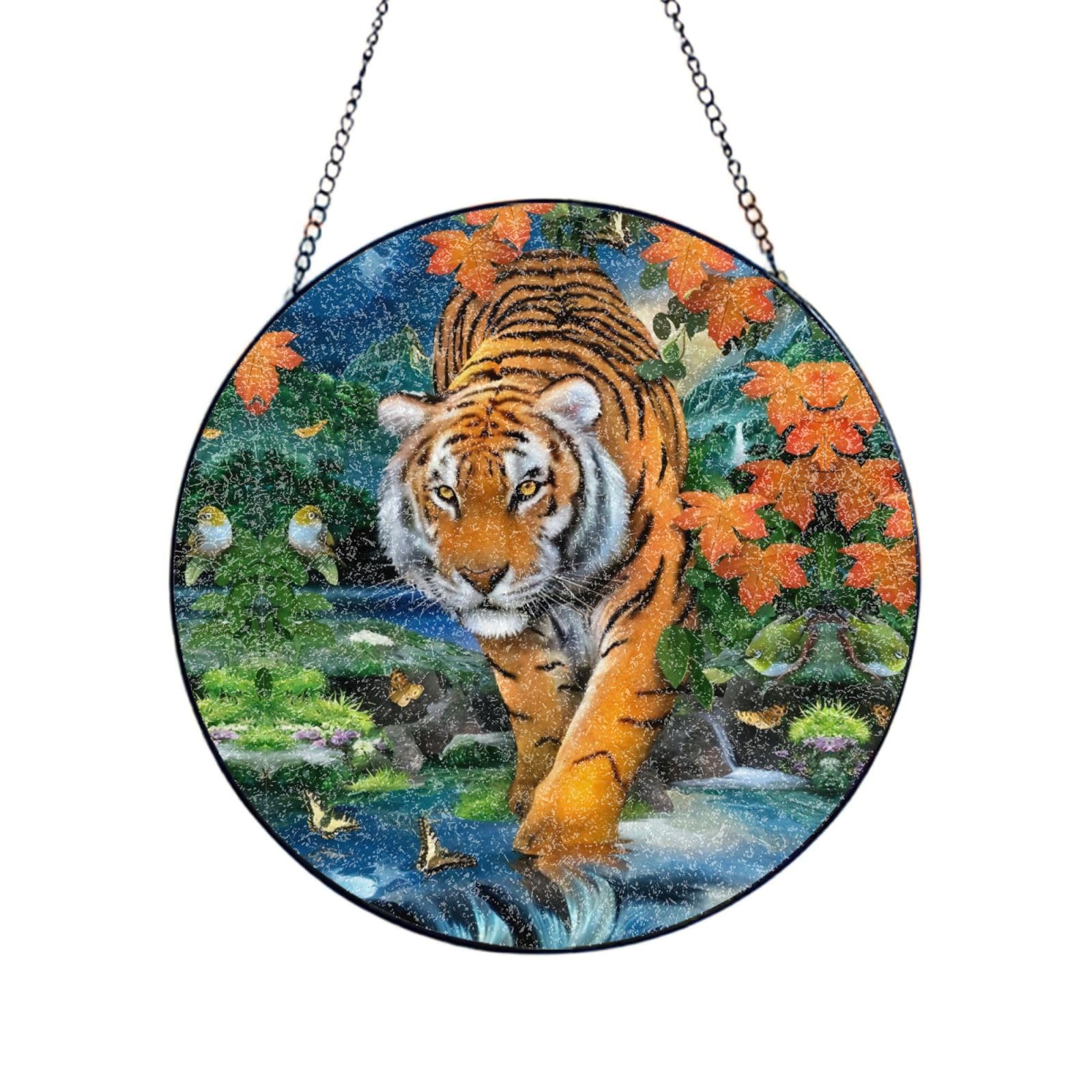 Phayah Tiger Butterfly Bird Print Glass Window Hanging Round Suncatcher Glass Ornament Garden Wall Fence Decorations Indoor Outdoor 4in（10cm）