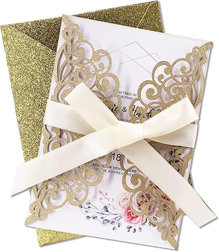 Miniatura 3 de 50Pcs Laser Cut Wedding Invitation With Glitter Envelopes And Ribbons Blank Personalized Card Invitaciones Para quinceañera Birthday Baby Shower