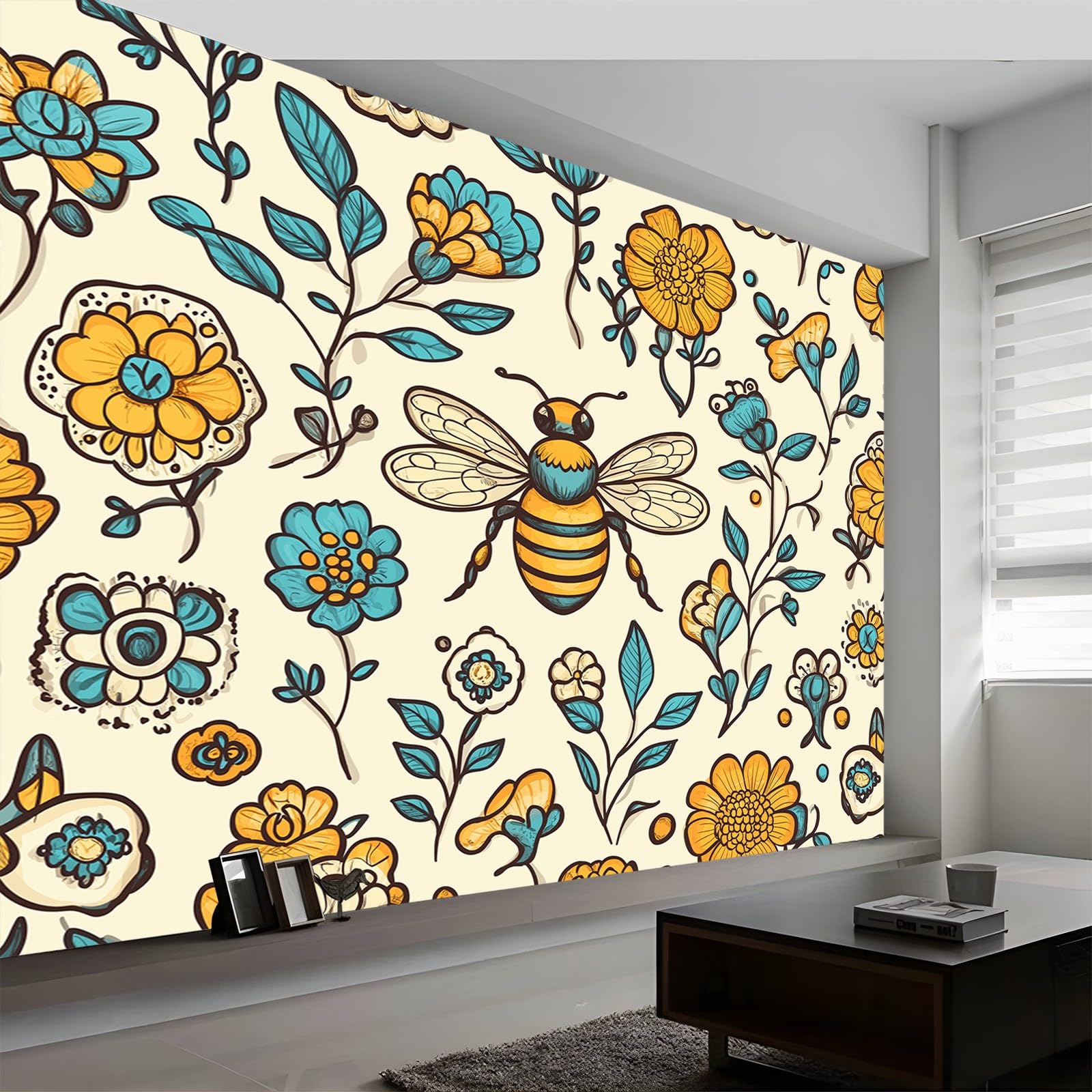 Tapeta 300 x 210 cm pszczoła z kreskówek ręcznie malowane kwiaty żółte tapety na malowidła ścienne sypialnia salon