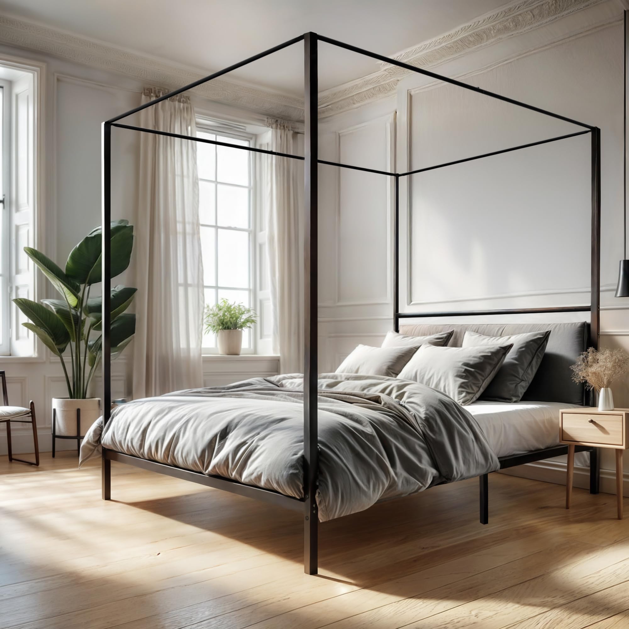 Nouva 14 Inch Metal Canopy Bed Frame Queen Size - Heavy Duty Metal Four Posters Bed Platform w/Headboard No Box Spring Needed, Slat Mattress Support,