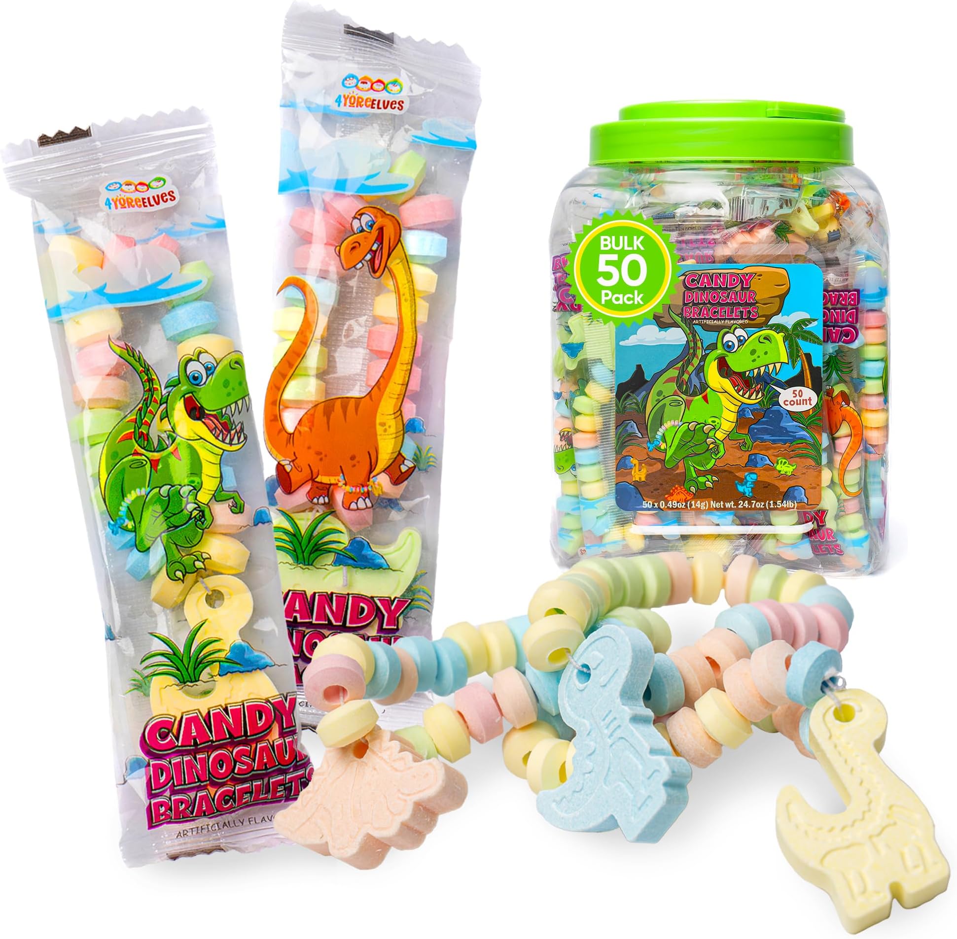 50 Dinosaur Candy Bracelets with Dinosaur Pendants, Dino-lover Candy Jewelry, Ideal for Dino Party Favors and Goodie Bags, Bulk Pack by 4YoreElves