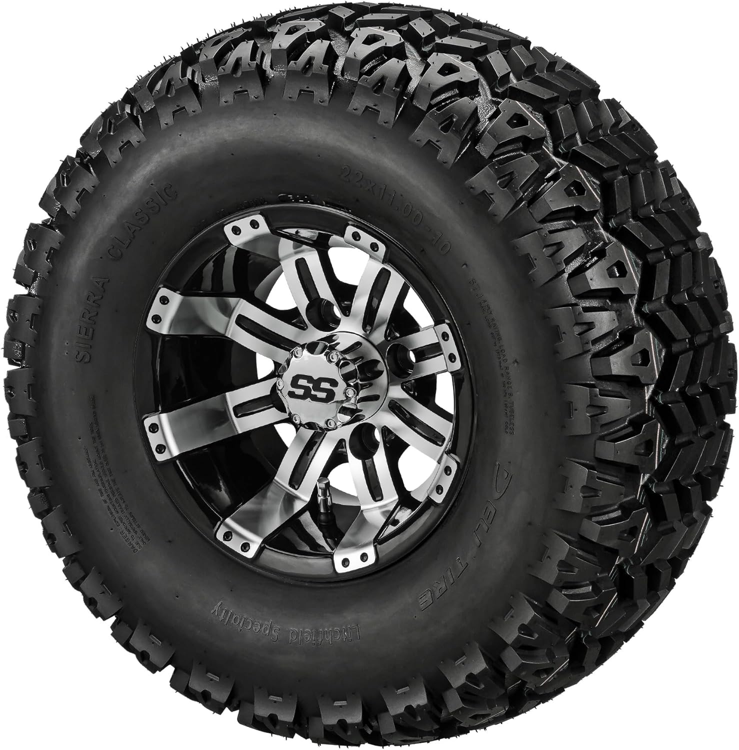 RM Cart 10" Casino Black/Machined on 22x11-10 Sierra Sport Tires (Set of 4) | Golf Cart Tires and Wheels Combo with Standard Lug Nuts