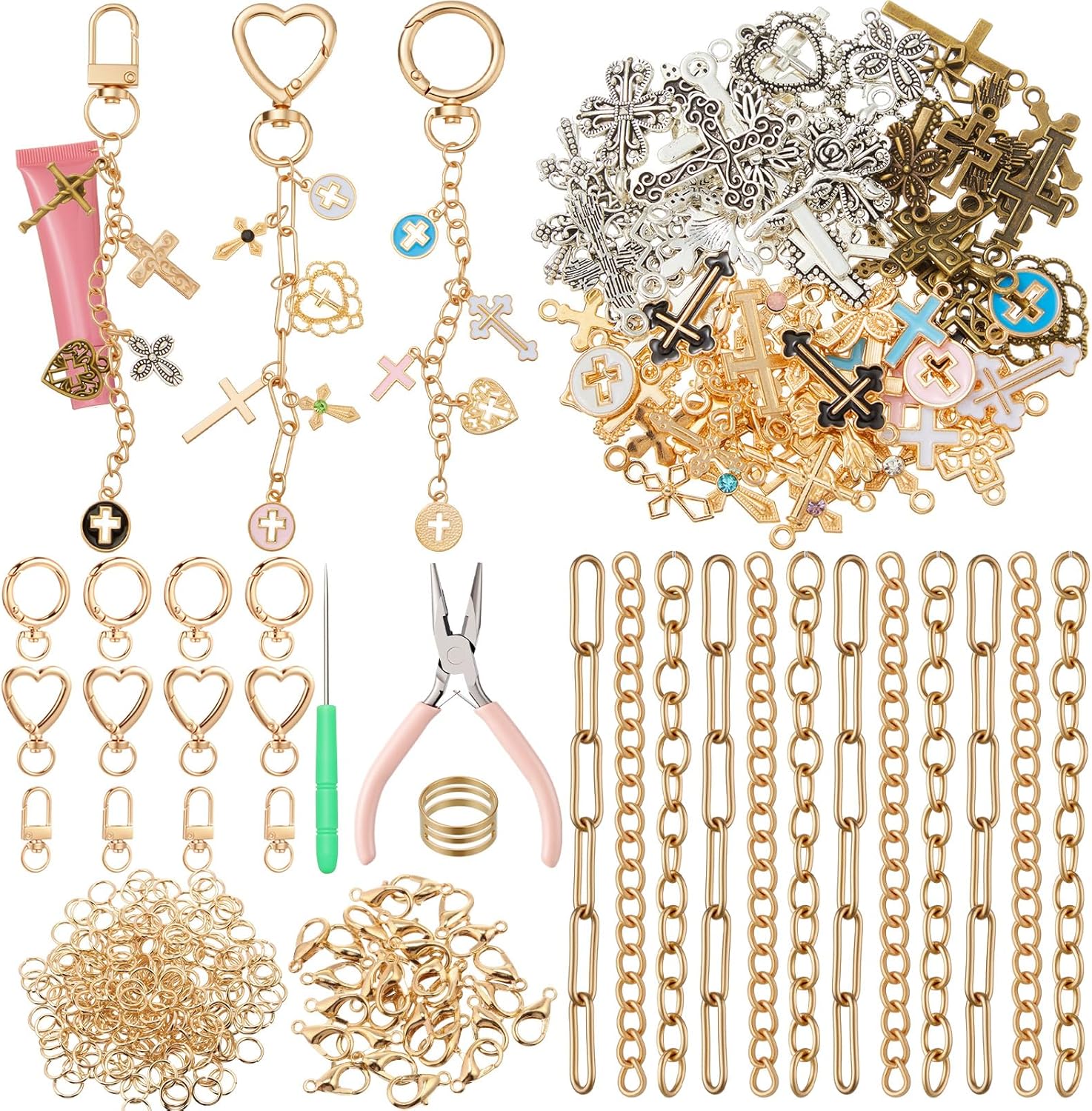 VioraWhite 457 Pcs Charms Lip Gloss Keychain Making Kit, DIY Craft with Charms, Key Chain, Jump Rings, Lobster Clasps, Chains and Tools for DIY Crafting Jewelry Making Keychains Supplies