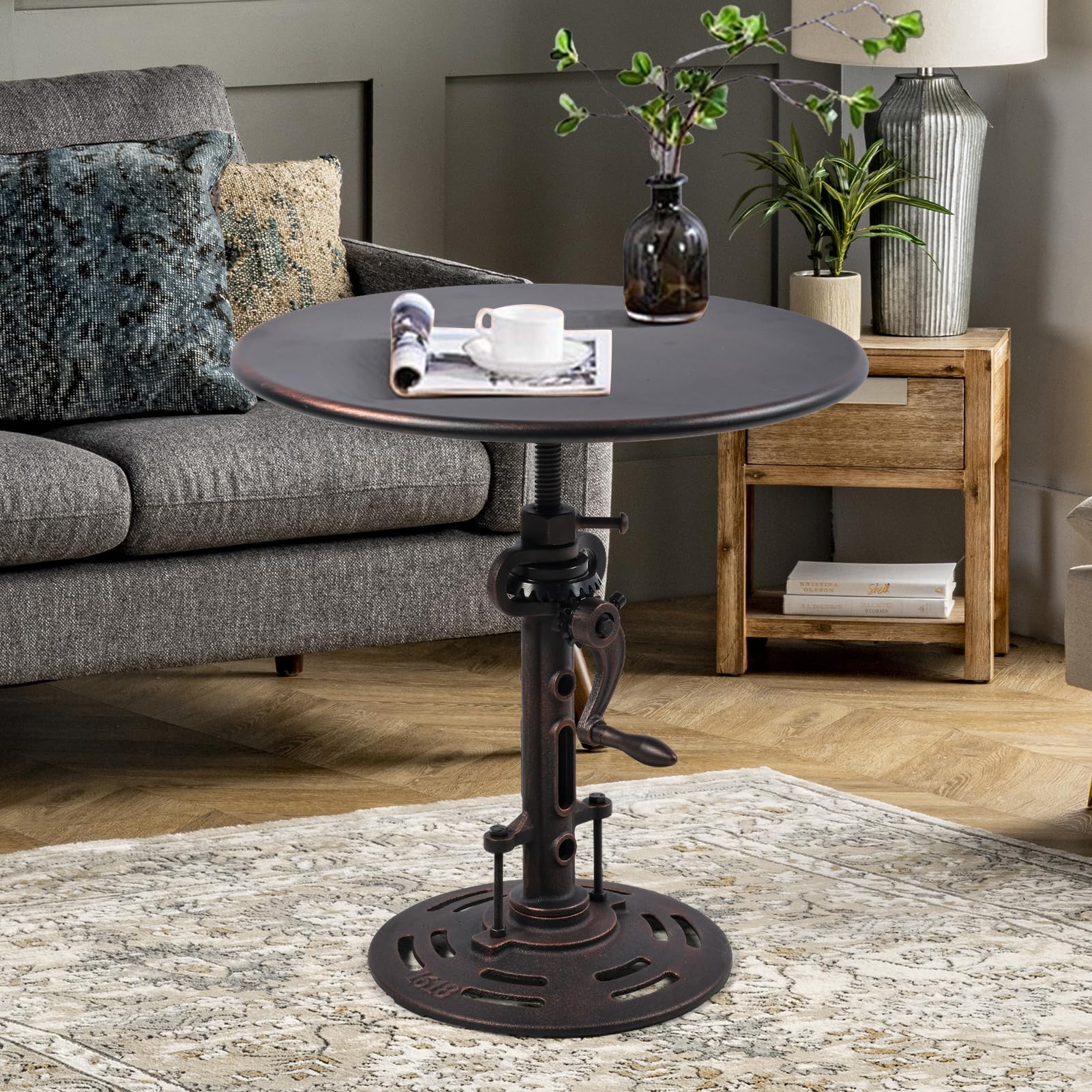 Topower Industrial Retro Side Table End Table Antique Mechanic Crank Height Ajustable Metal Top Farmhouse Accent End Table Copper