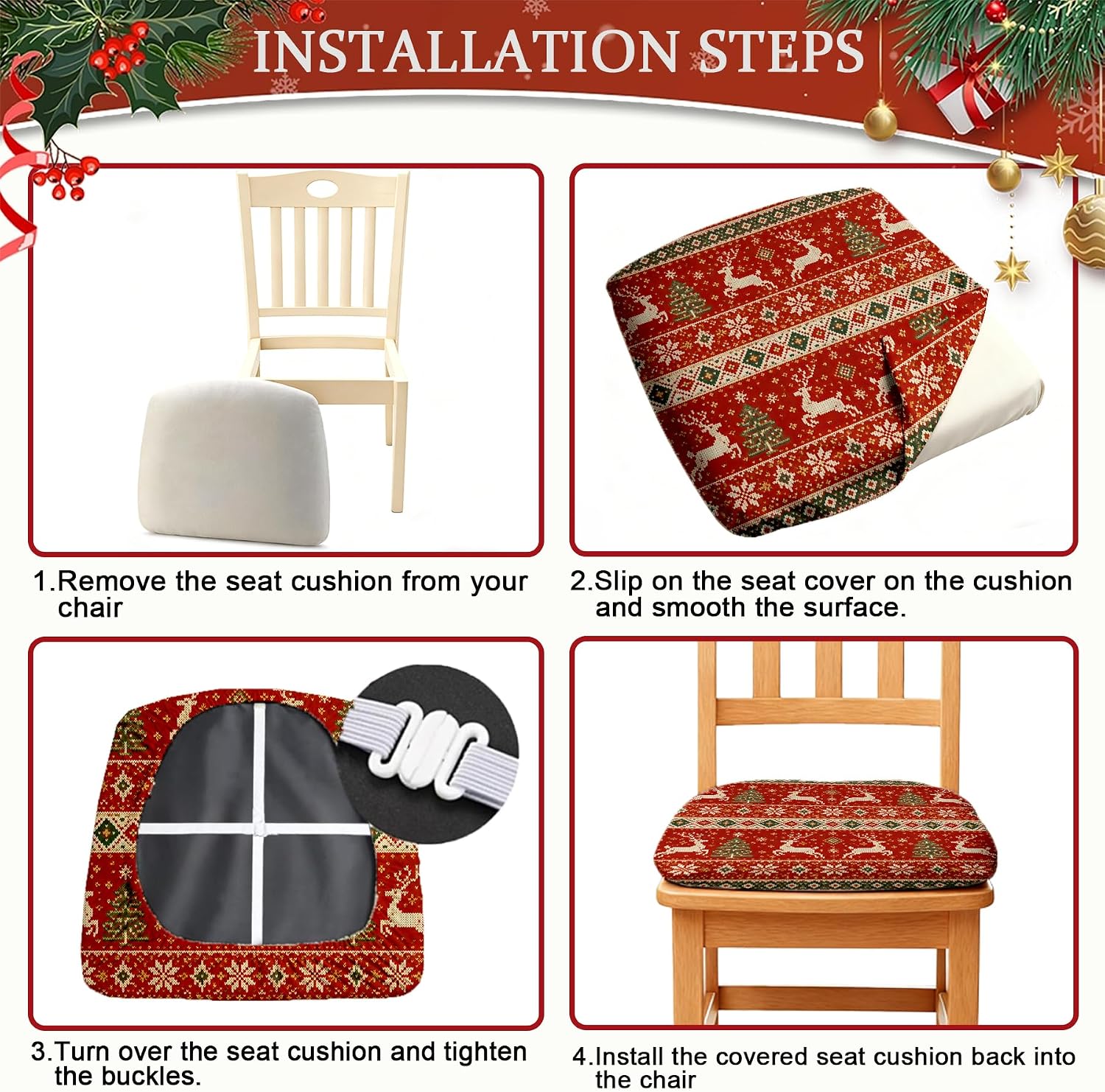 BVBOX Christmas Dining Chair Seat Covers Set of 4, Holiday Stretch Fabric Cushion Covers with Secure Elastic Fit, Washable Chair Protectors for Kitchen and Dining Room Chairs