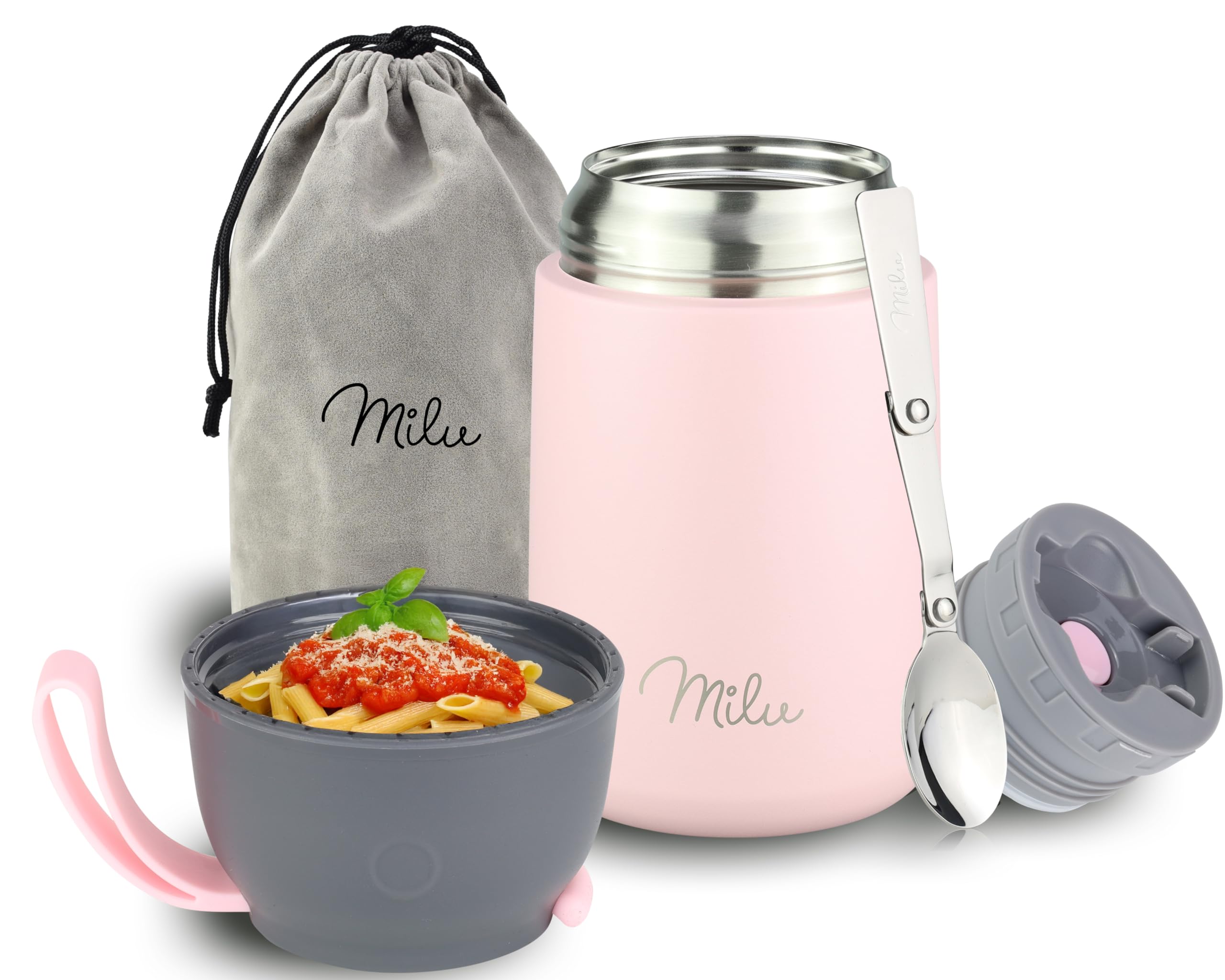 Milu Food Flask for Hot Food - 650ml Leakproof Insulated Stainless Steel Thermal Lunch Box, Soup Container with Spoon, BPA-Free, To go Meal Prep, Porridge (Pink, 650ml)