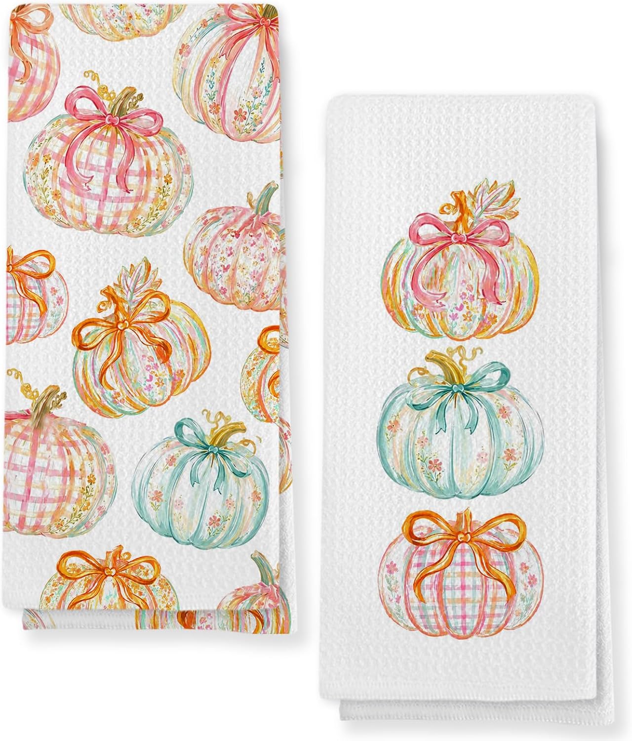Coquette Colorful Fall Pumpkin Kitchen Towels Set of 2, Trendy Fall Pumpkins Bow Hand Towels for Bathroom Kitchen Decor, Preppy Thanksgiving Pumpkin Dish Tea Towel, 16x24 Inch