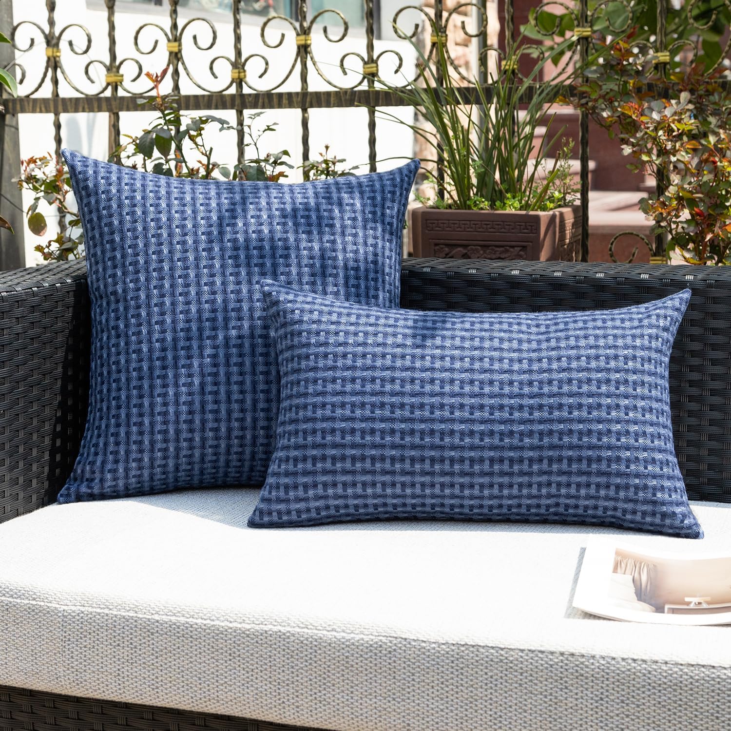 Kevin Textile Outdoor Waterproof Throw Pillow Covers Pack of 2 Farmhouse Decorative Cushion Covers for Garden Patio Tent Balcony Bench Couch Sofa 20x20 Inch, Navy Blue