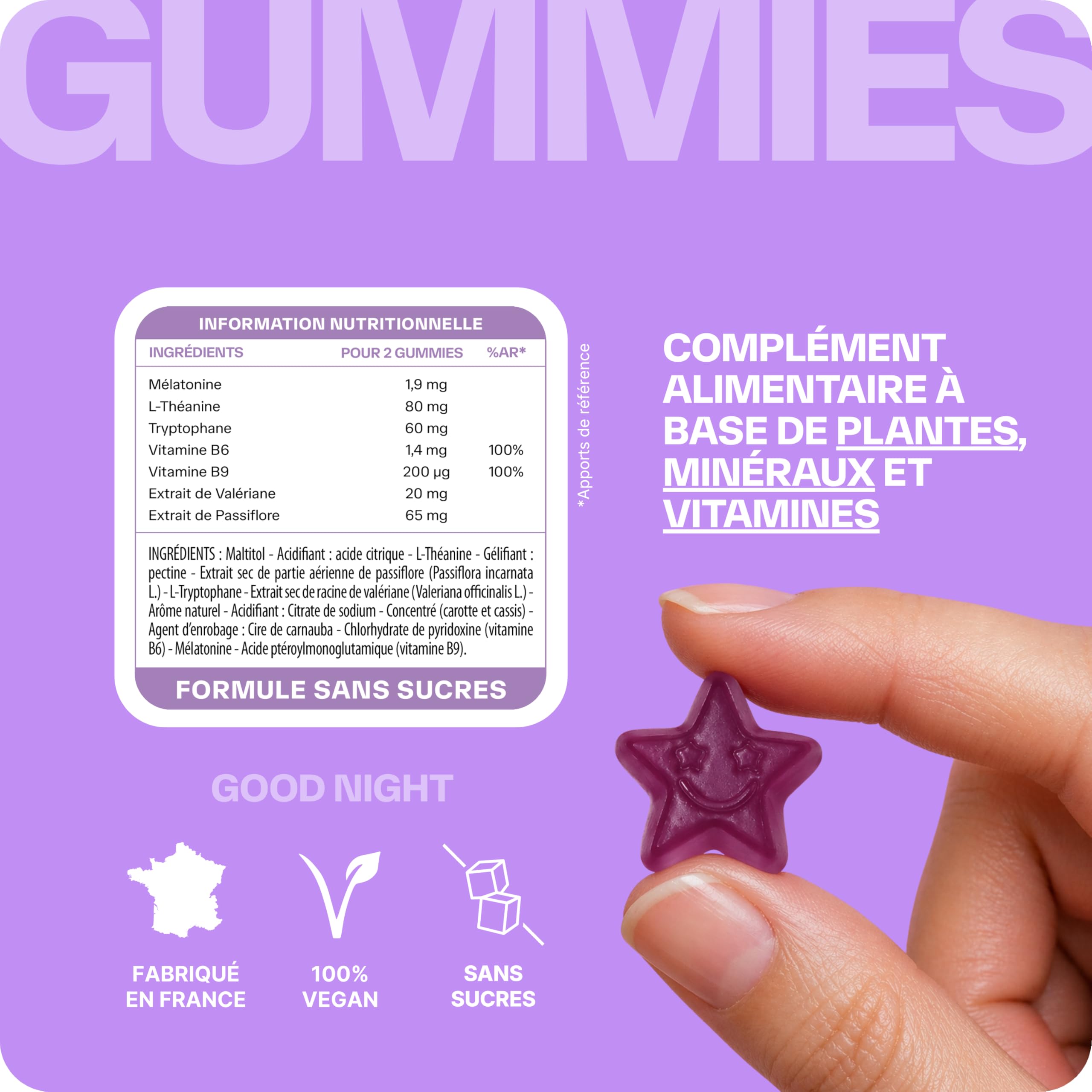 Lashilé Beauty - Gummies Sommeil Adulte - Favorise l'Endormissement et la Qualité du Sommeil - Good Night - Complement alimentaire - Mélatonine 1,9mg, Valériane - Cure 1 Mois 60 Gummies
