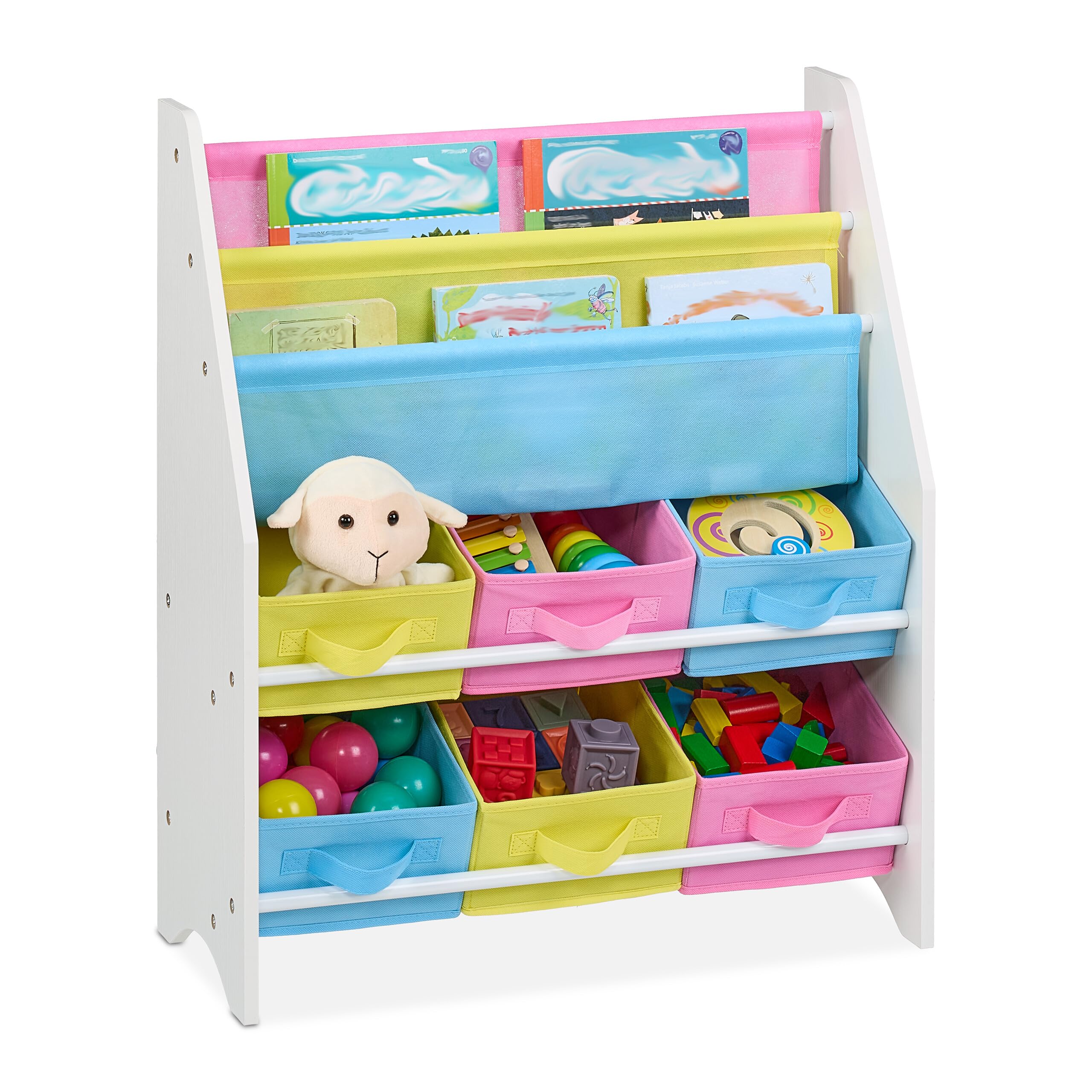 Relaxdays Children's Shelf, 6 Boxes, Compartments for Books, Toy Storage, Bookshelf HWD: 74 x 62.5 x 31 cm, Colourful