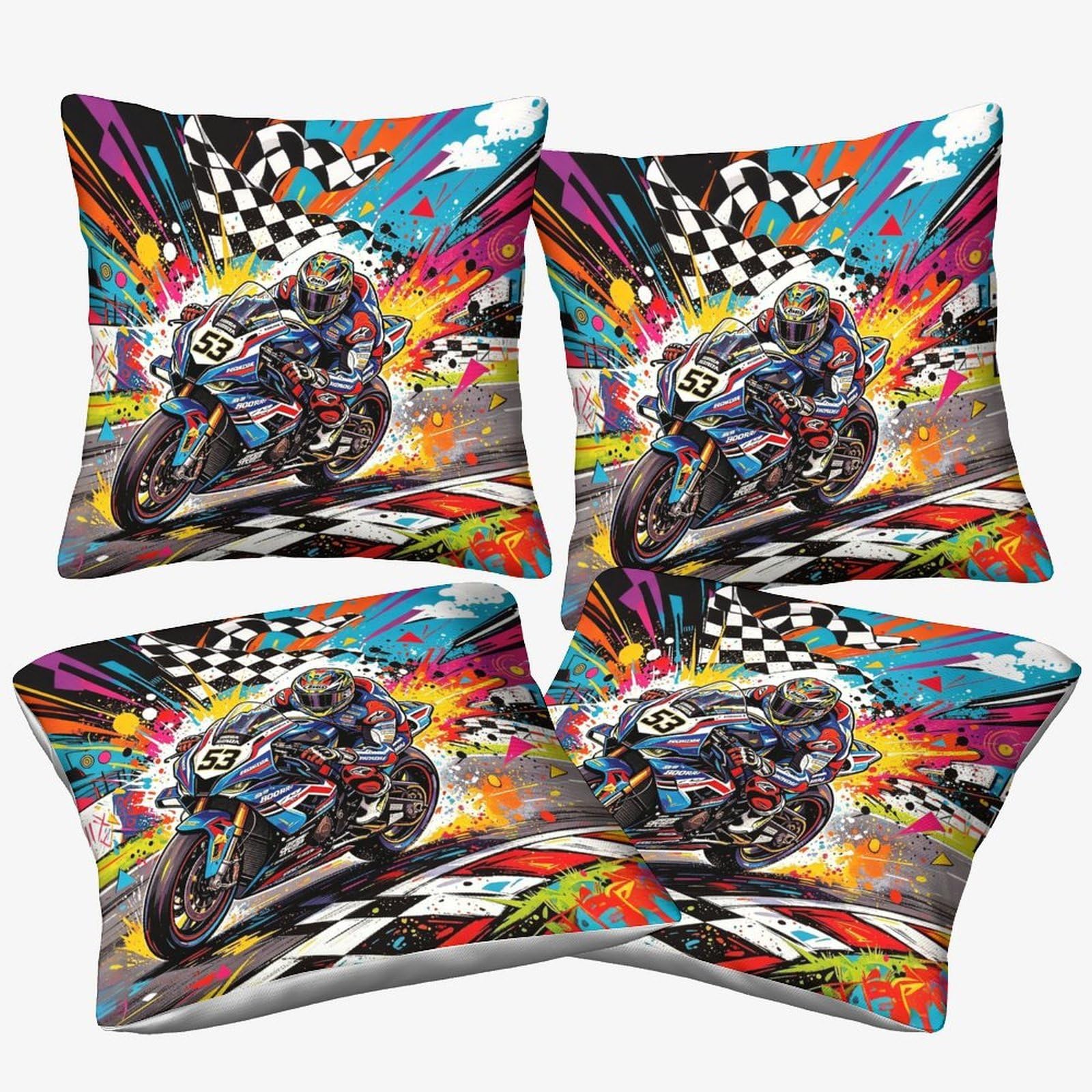 Dafufbw Championship Moment Cushion Covers Square Pillow Cover 40X40cm, 4Pcs With Motorcycle Race Pattern Home Decorations Cushions For Livingroom Couch Sofa Decor Throw Pillow Case