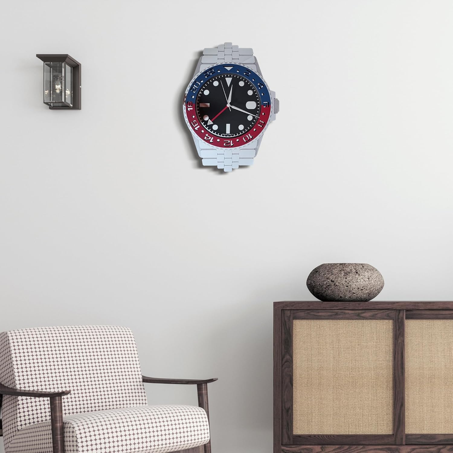 Handmade Wrist Watch Appearance Wall Clock, Luxury GMT, Red Blue Silent Non-Ticking Watch-Style Clock, Modern Decorative Wall Art, Wooden Wall Clock. (Blue Red)