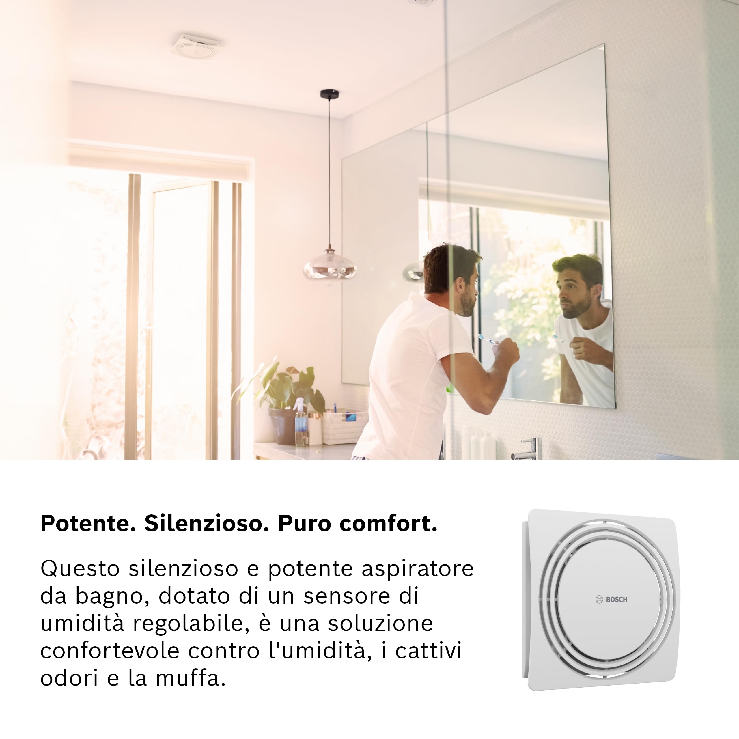 Bosch Aspiratore Silenzioso da Bagno 1900 DH 100mm - Per la Ventilazione di Bagno e WC, contro Umidità e Muffa – Con Sensore di Umidità e Timer – Diametro 100 mm