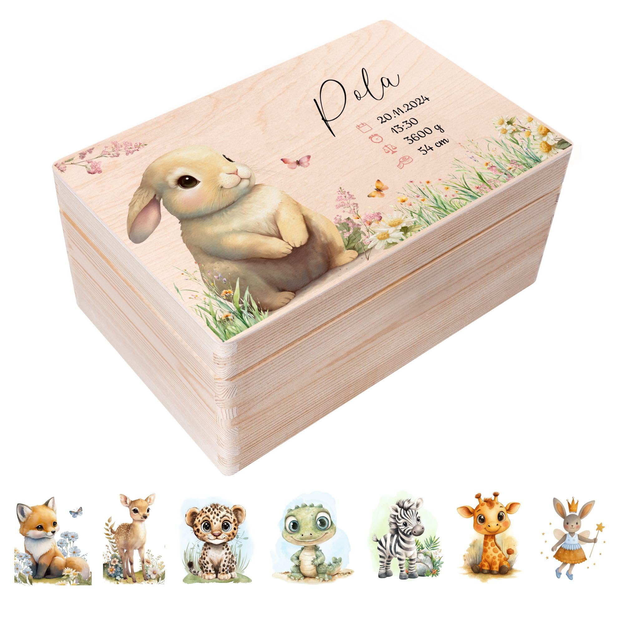 Creative Deco Wooden Storage Box, Unpainted Pine 30x20x14, 37. Baby Memory Box - Wild Animals, Personalisation