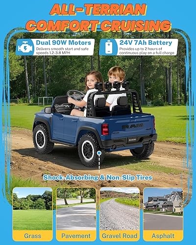 Miniatura 6 de ENYOPRO - Juguetes de paseo de 24 voltios para niños, auto eléctrico de 2 plazas RAM 1500 RHO con control remoto, vehículos eléctricos para niños