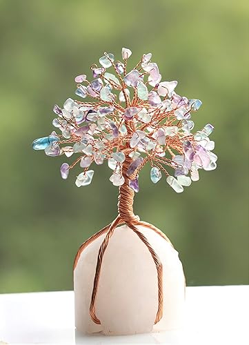Miniatura 6 de Árbol de la vida de cristales fluorita, base de cuarzo natural y alambre de cobre bonsái de energía positiva, decoración feng shui, chakras, dinero