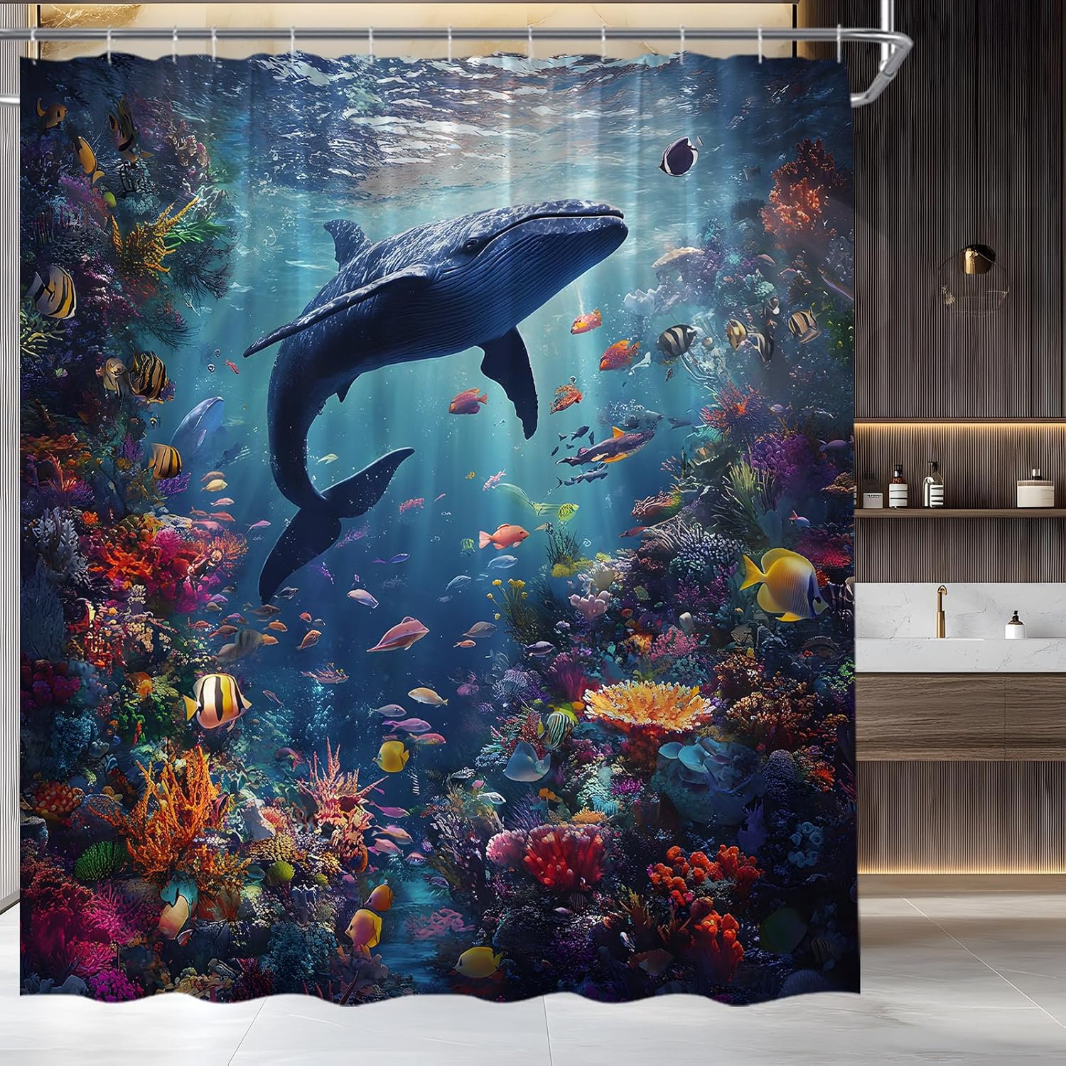 Ocean Underwater World Shower Curtain Colorful Tropical Fishes Whale Coral in The Deep Sea Fabric Bathroom Decor Set with Hooks,(70" Wx84 H)