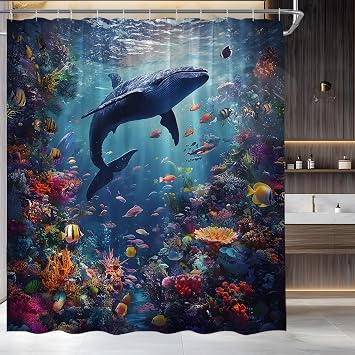 Whale Shower Curtain Colorful Tropical Fish Underwater World,70"W x 70"H