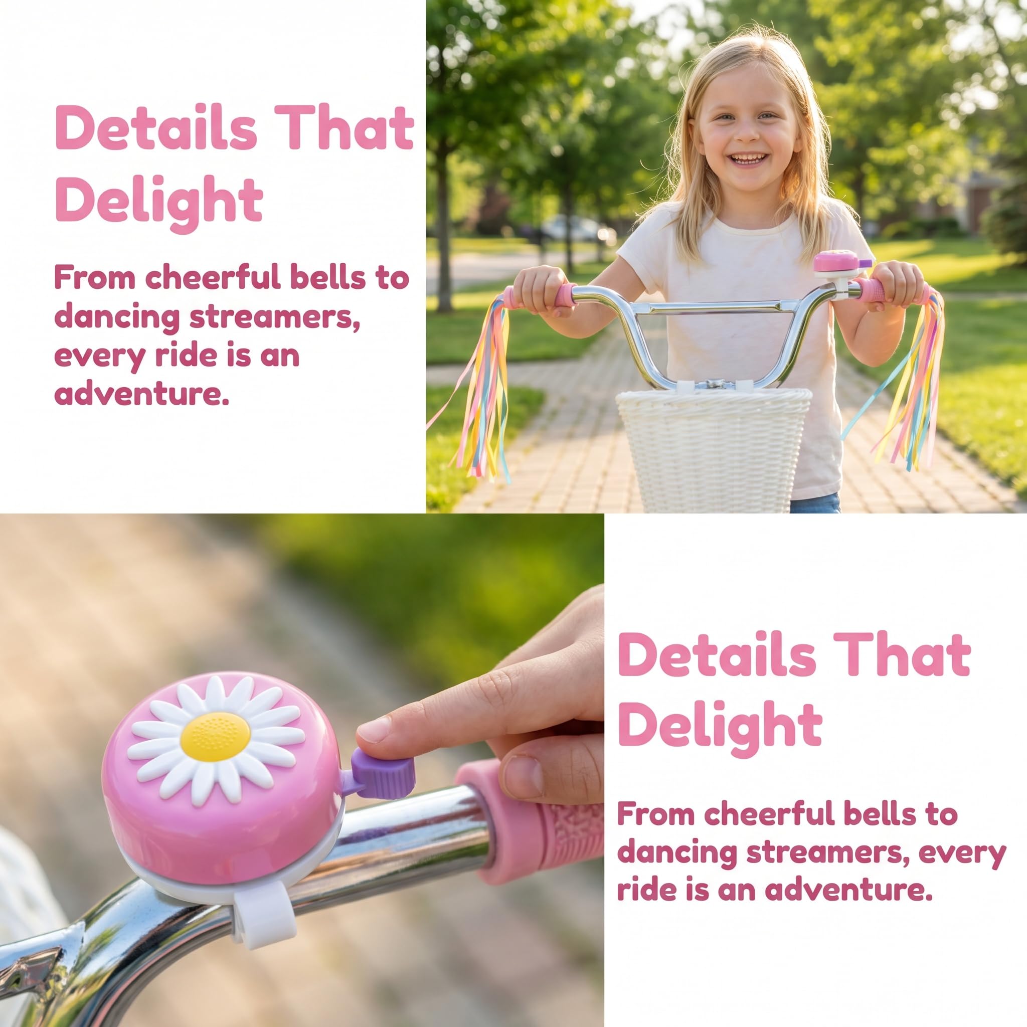 Panier de vélo avant pour enfants, accessoires de vélo pour filles et garçons, panier de vélo tissé avec autocollants, sonnette de vélo, moulin à vent et 1 paire de rubans colorés (panier blanc)