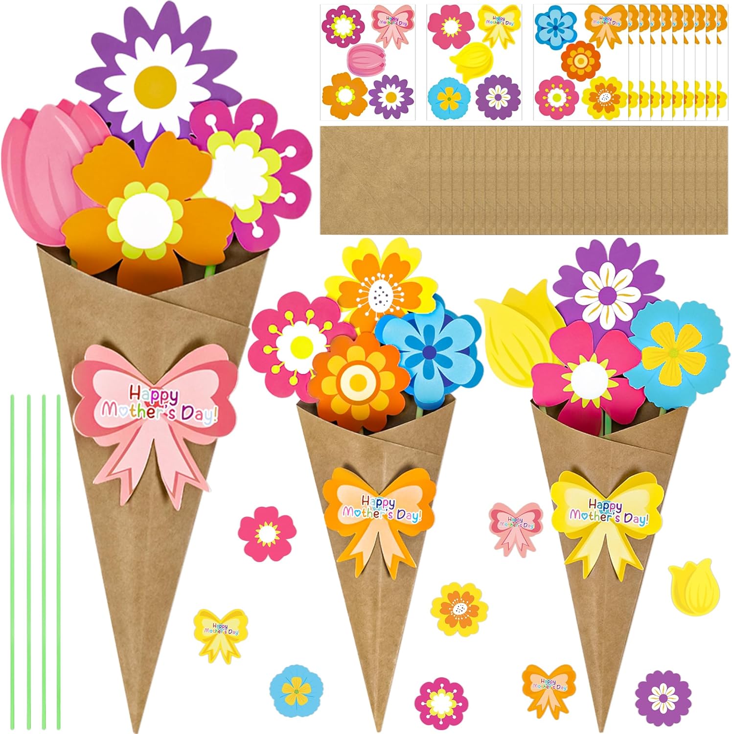 80UncleKimby 30PCS Mothers Day Crafts for Kids Flower Bouquet Kit DIY Teacher Appreciation Week Thankful Gift School Classroom Activities(Brown Kraft)