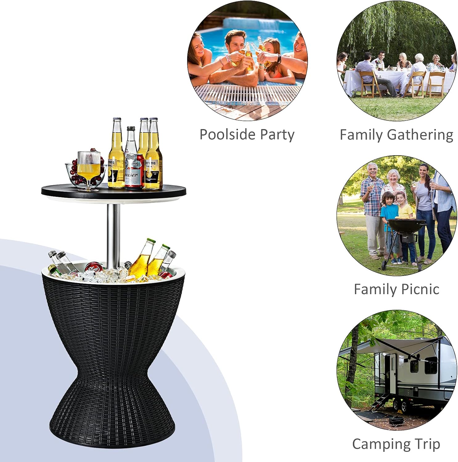 Giantex Outdoor Ice Cooler Side Table with Adjustable Height, 8 Gal Beverage Bucket with Drain Plug, Rattan Patio Bar Table for Poolside, Deck, BBQ & Backyard Parties