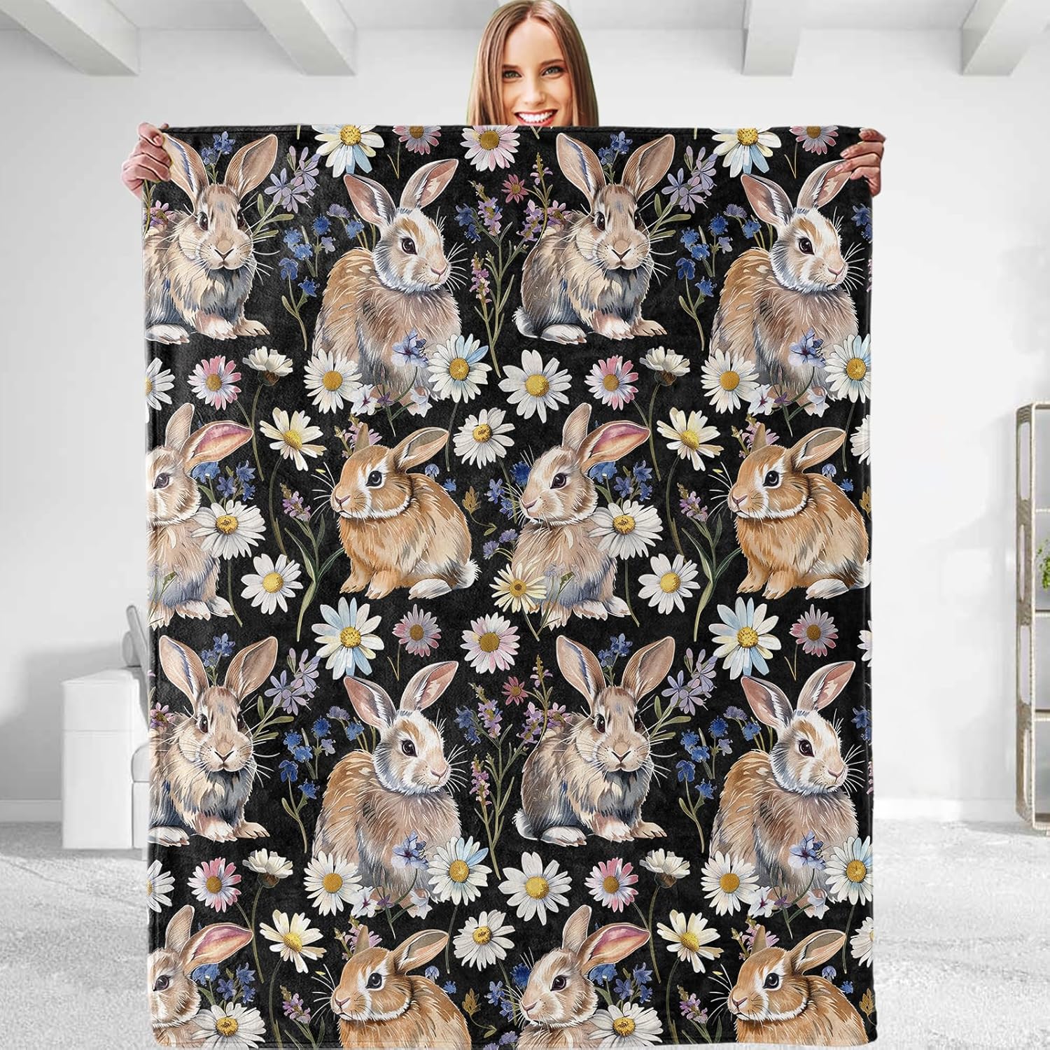 Flower Rabbit Throw Blanket - Plush, Soft, Comfy, Lightweight, Warm, Fuzzy, Anti-Pilling Flannel Blanket for Couch, Travel, Bed, Office, Outdoor - Ideal Gift for All 50''×60''